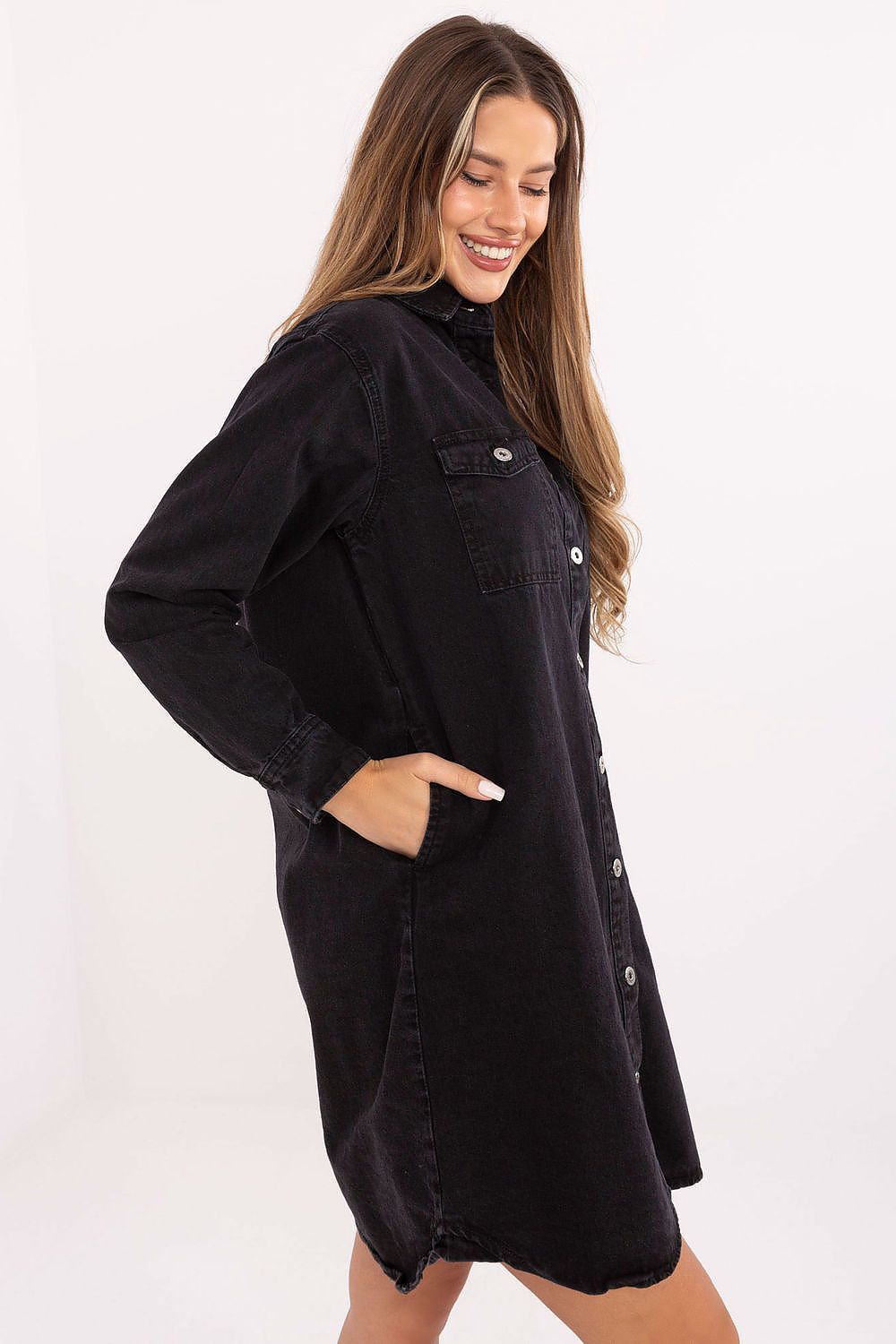 image-Sublevel Cotton Denim Dress with Long Sleeves