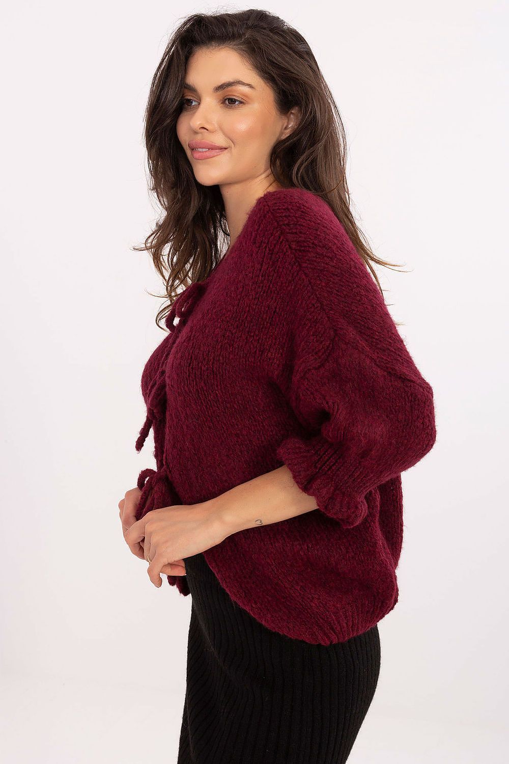 image-Women's Cardigan Sweater 3/4 Sleeves Tie Front