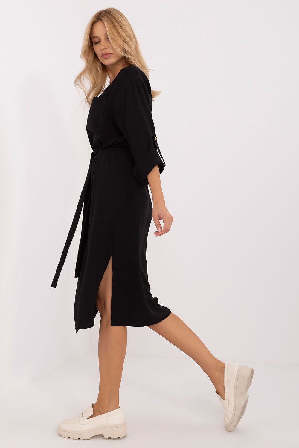image-Lakerta Cotton Viscose Midi Dress with Tie Belt