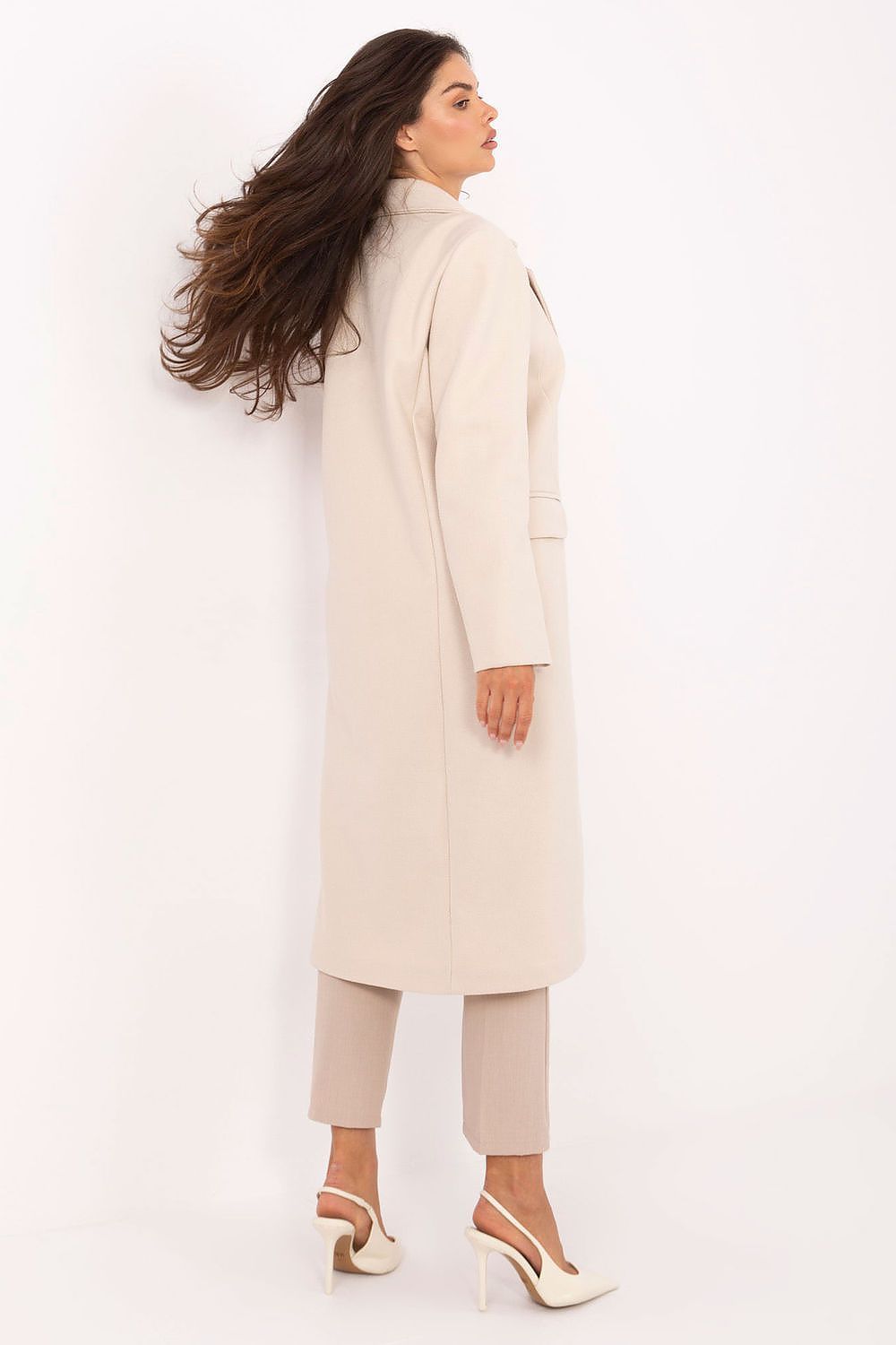 image-Women's Long Polyester Coat with Shoulder Pads 