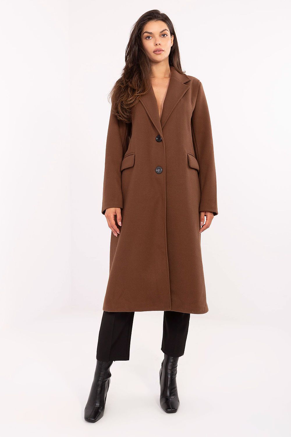 image-Women's Long Polyester Coat with Shoulder Pads 