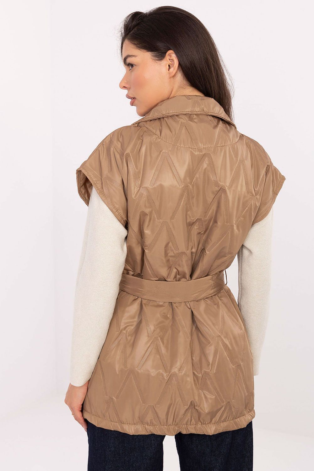 image-Women's Quilted Vest with Tie Belt - Rue Paris 