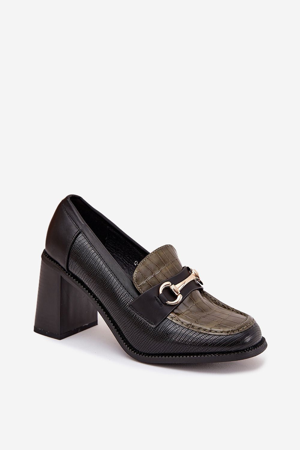image-Women's Eco Leather Heeled Shoes with Gold Detail