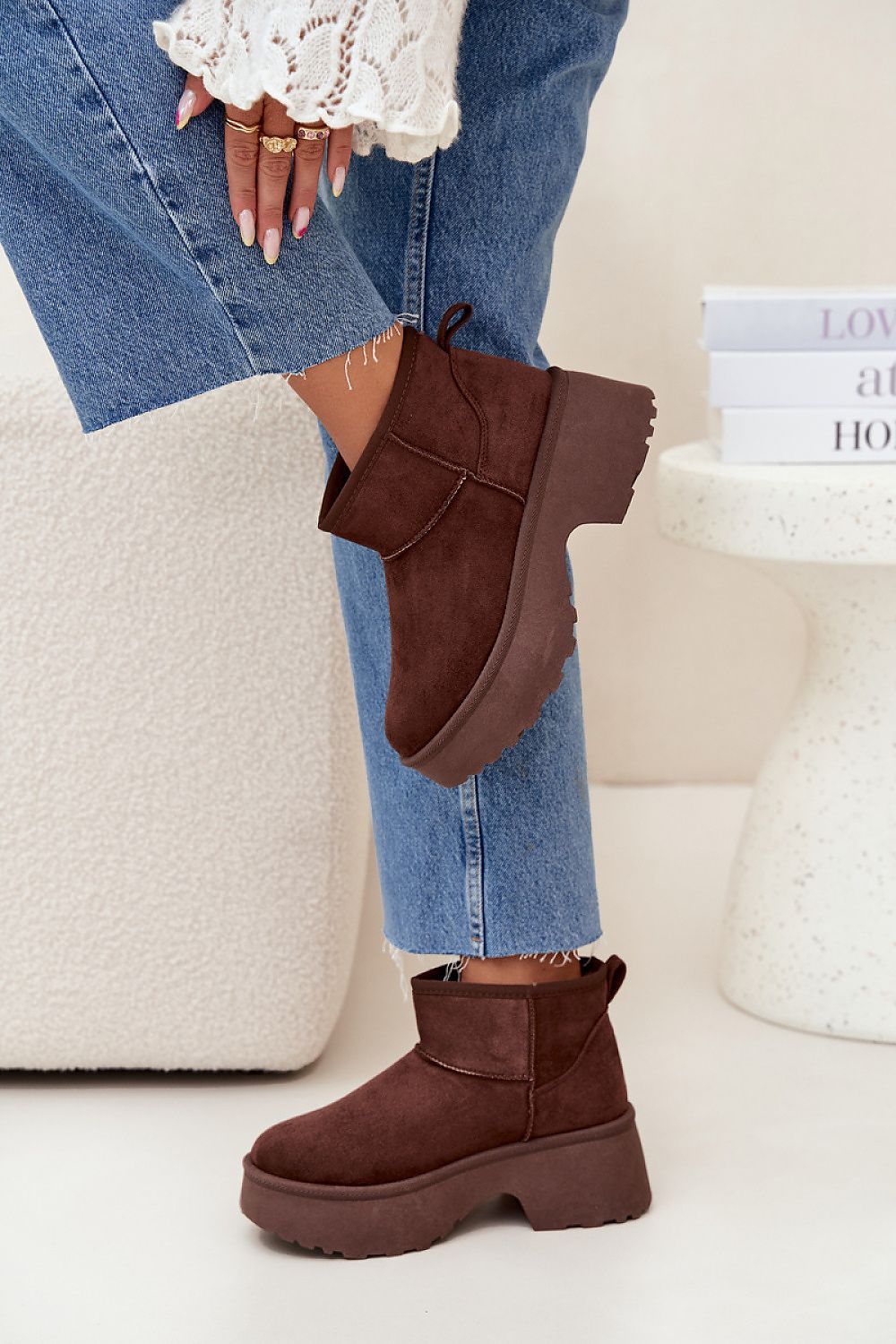 image-Women's Eco Suede Platform Snow Boots Slip-On Fur Lined