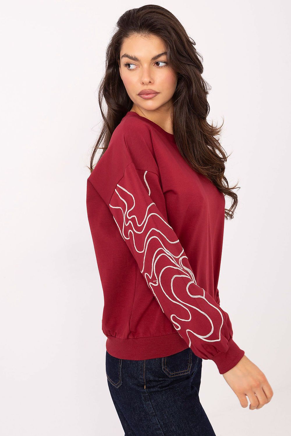 image-Women's Cotton Sweatshirt with Embroidered Sleeves