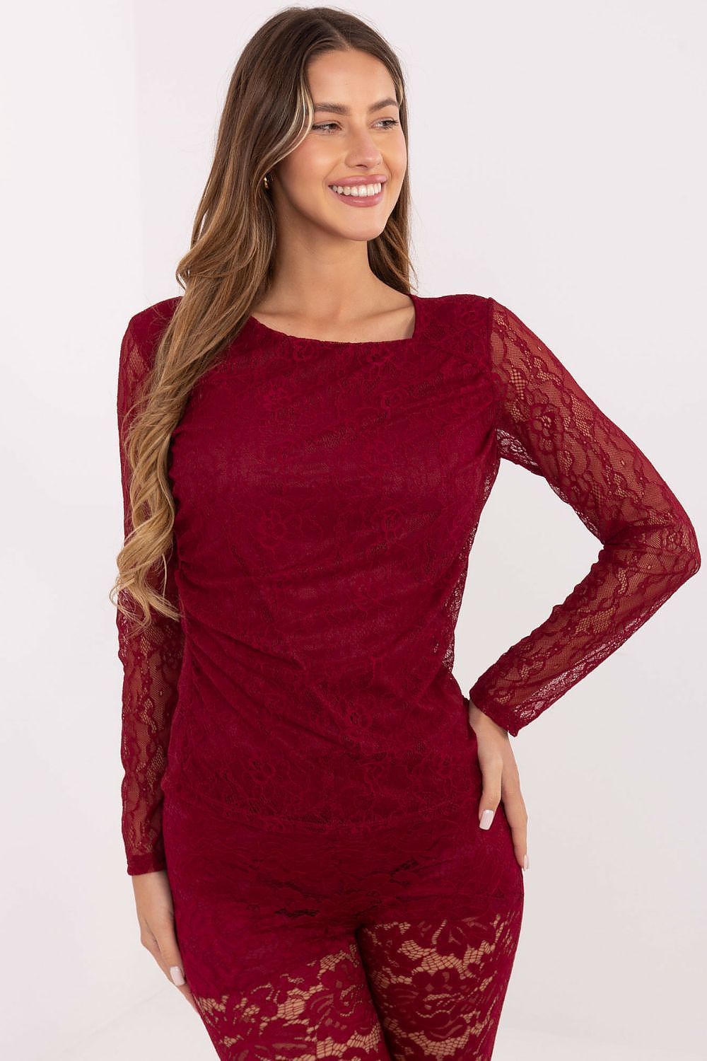 image-Lace Blouse with Long Sleeves - Nylon Spandex 