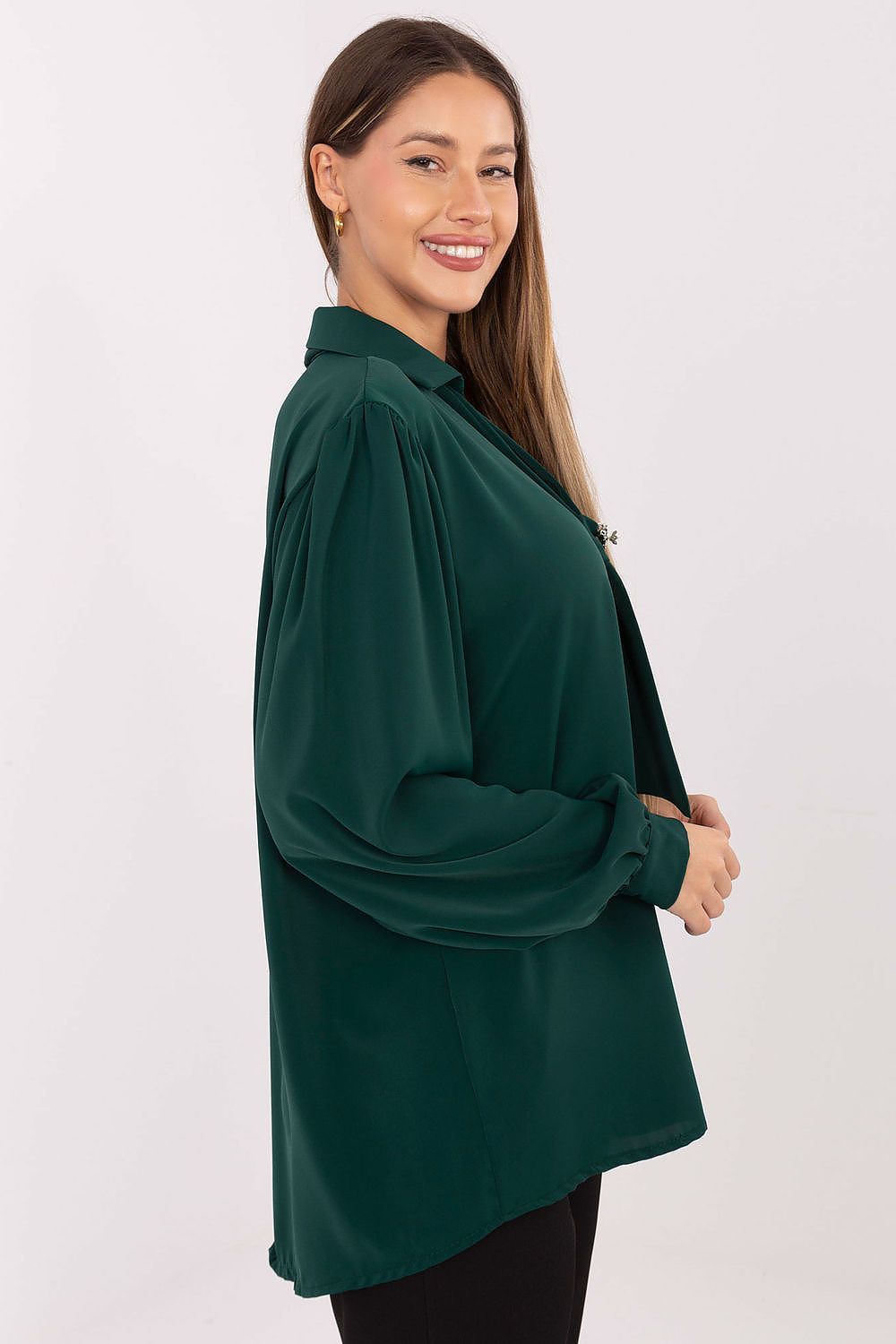 image-Polyester V-Neck Blouse with Tie and Detachable Brooch 