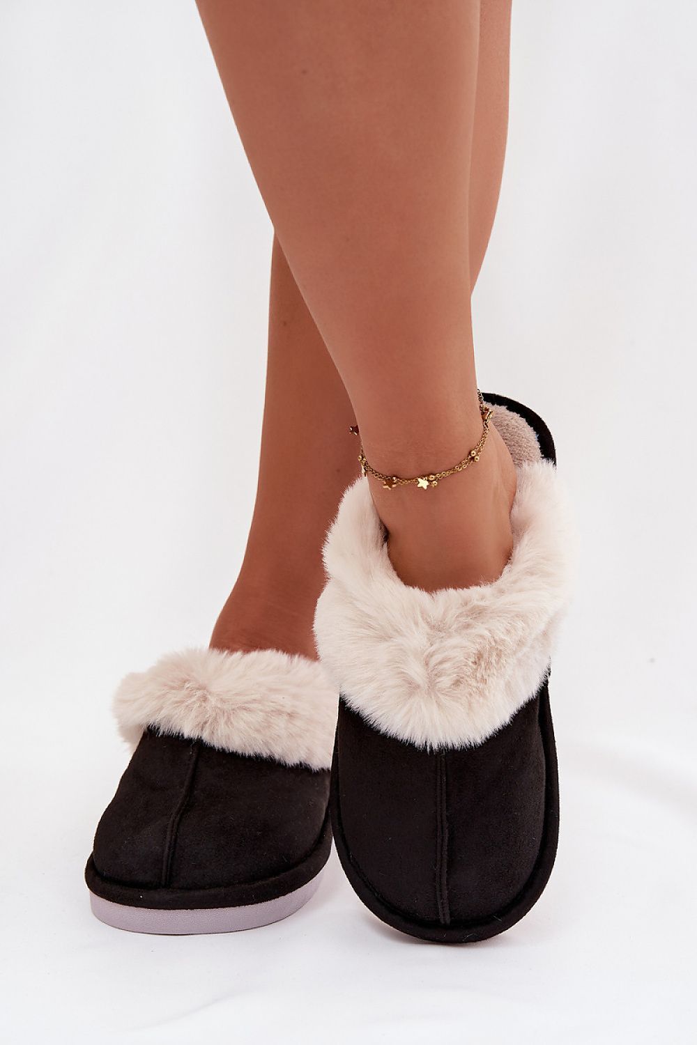 image-Women's Eco Suede Slippers with Fur Trim
