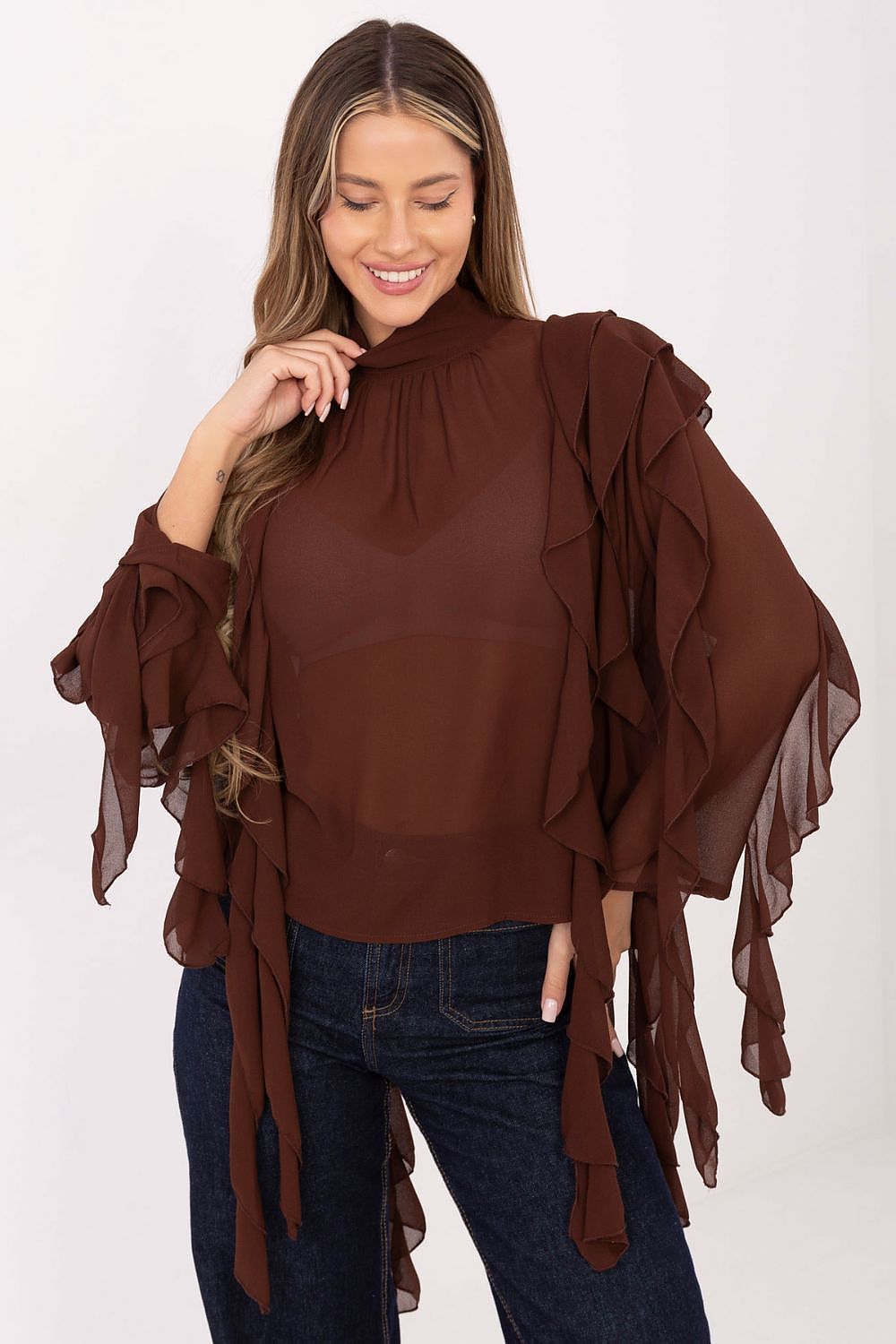 image-Women's Blouse Turtleneck Ruffled Viscose Long Sleeve
