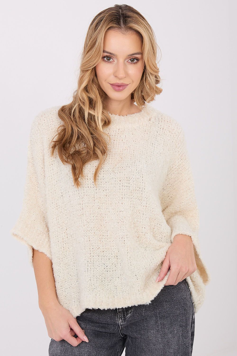 image-Women's Boucle Sweater with 3/4 Sleeves