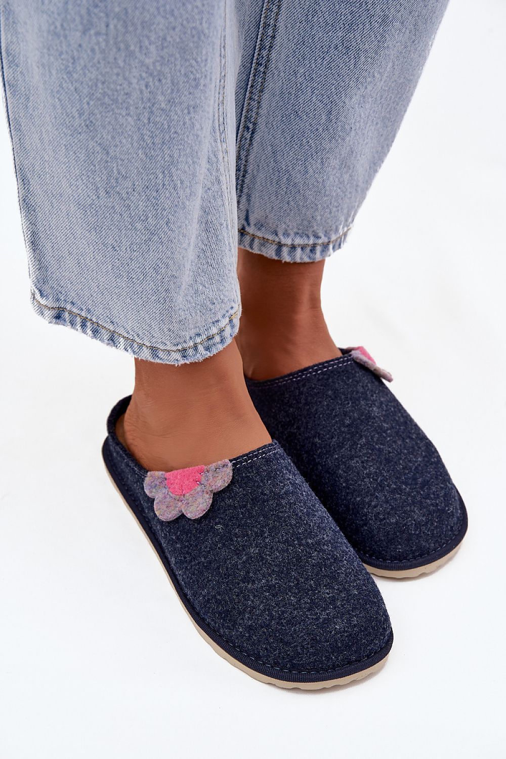 image-Inblu Women's Felt Slippers with Leather Footbed