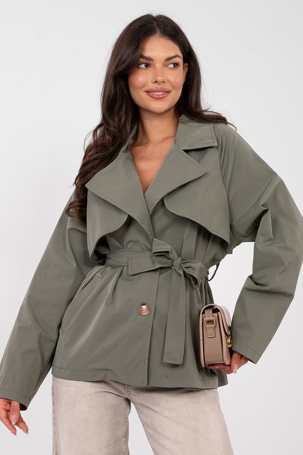 image-Rue Paris Women's Short Trench Coat with Belt - One Size
