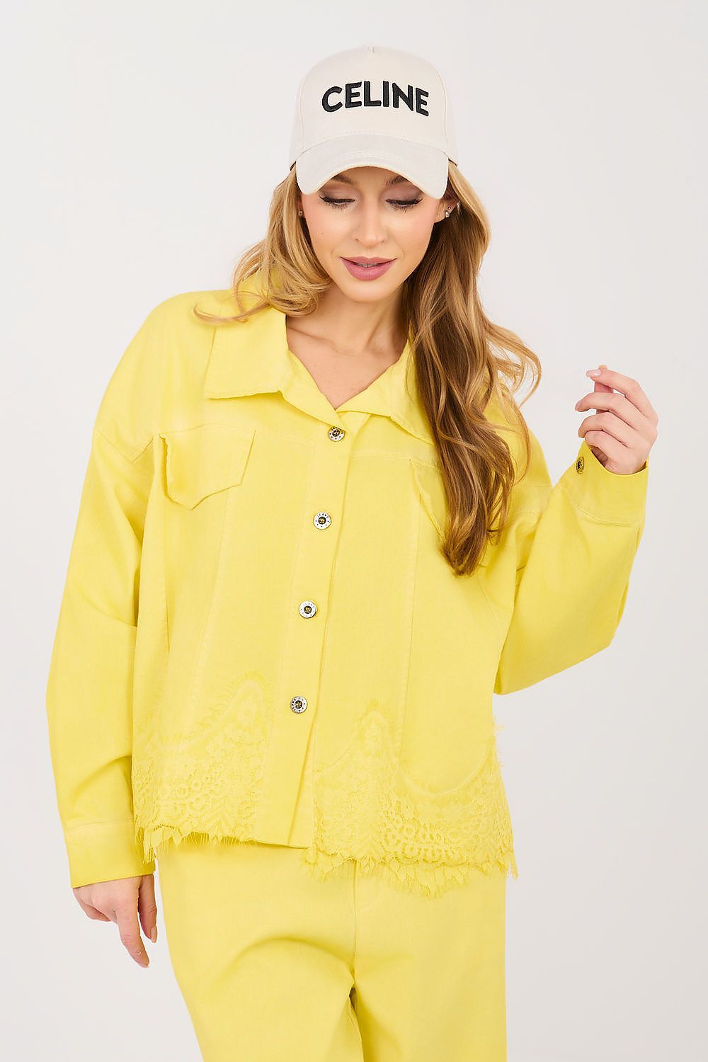 image-Rue Paris Denim Jacket with Lace Detail - 100% Cotton One Size