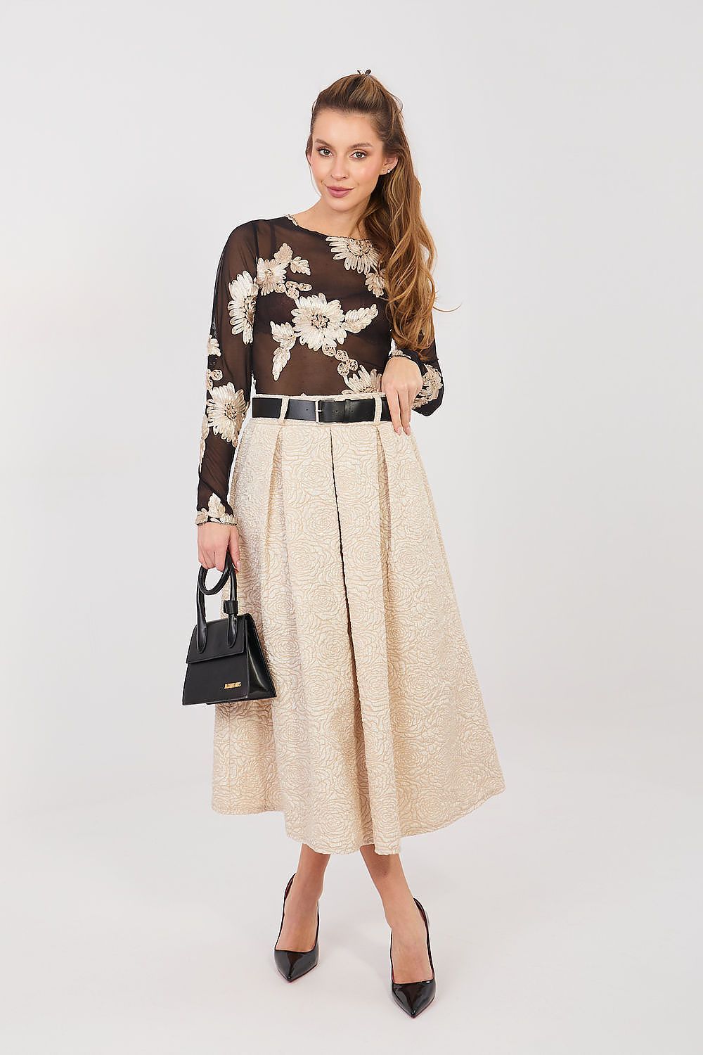 image-Rue Paris Floral Flared Midi Skirt - One Size Black