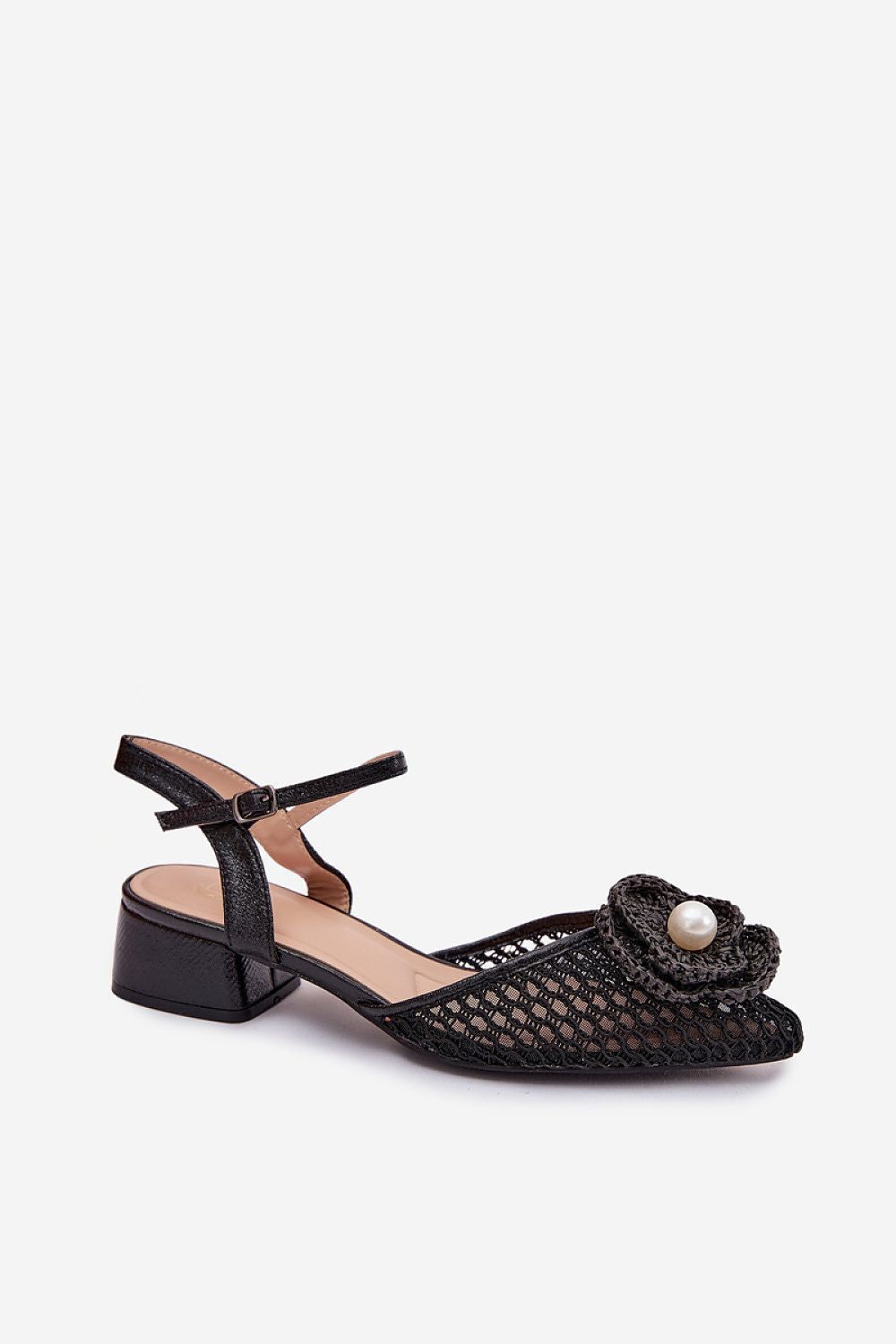 image-Women's Mesh Block Heel Sandals with Bead Detail - 4cm Heel