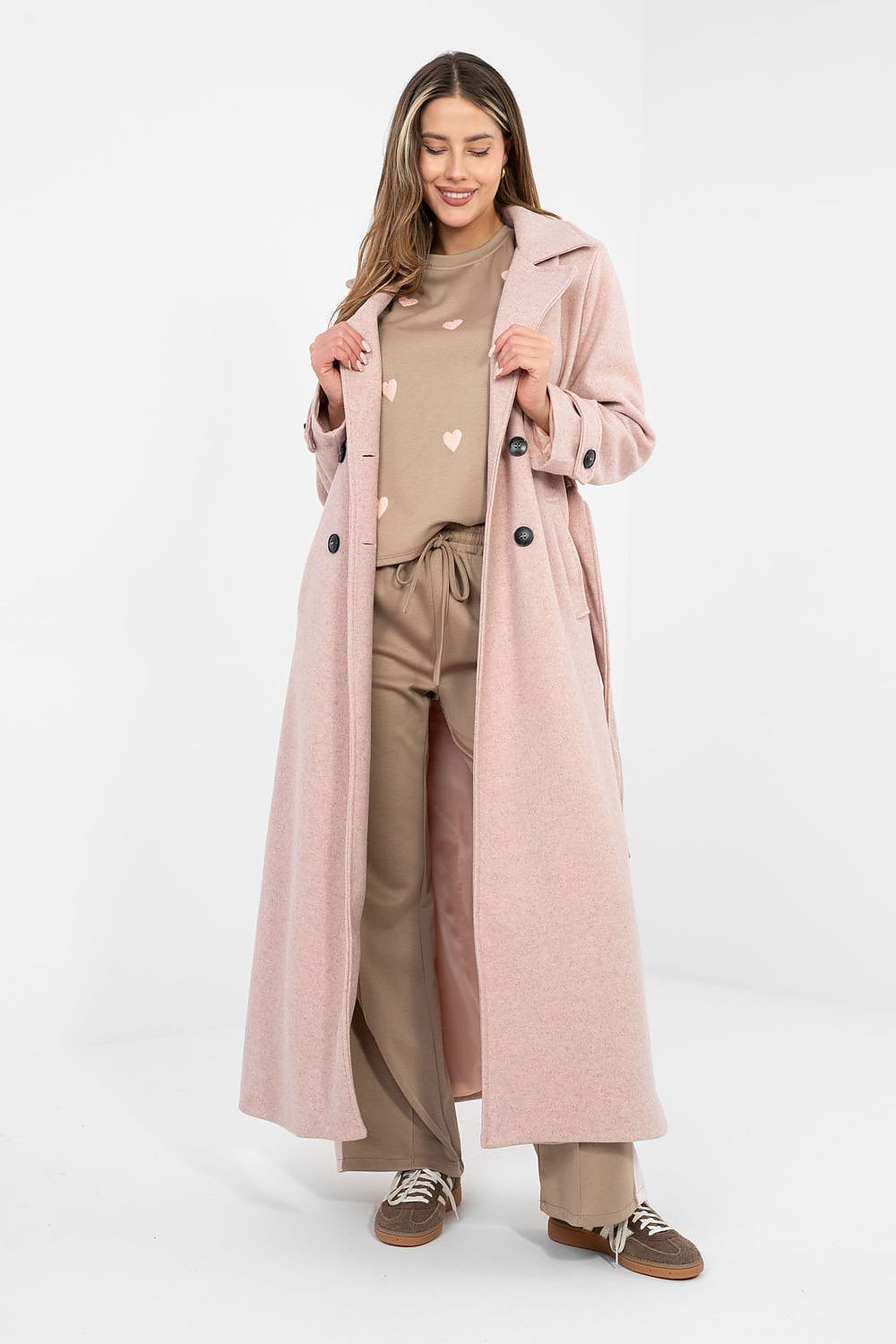 image-Women's Long Double-Breasted Coat with Tie Belt - One Size