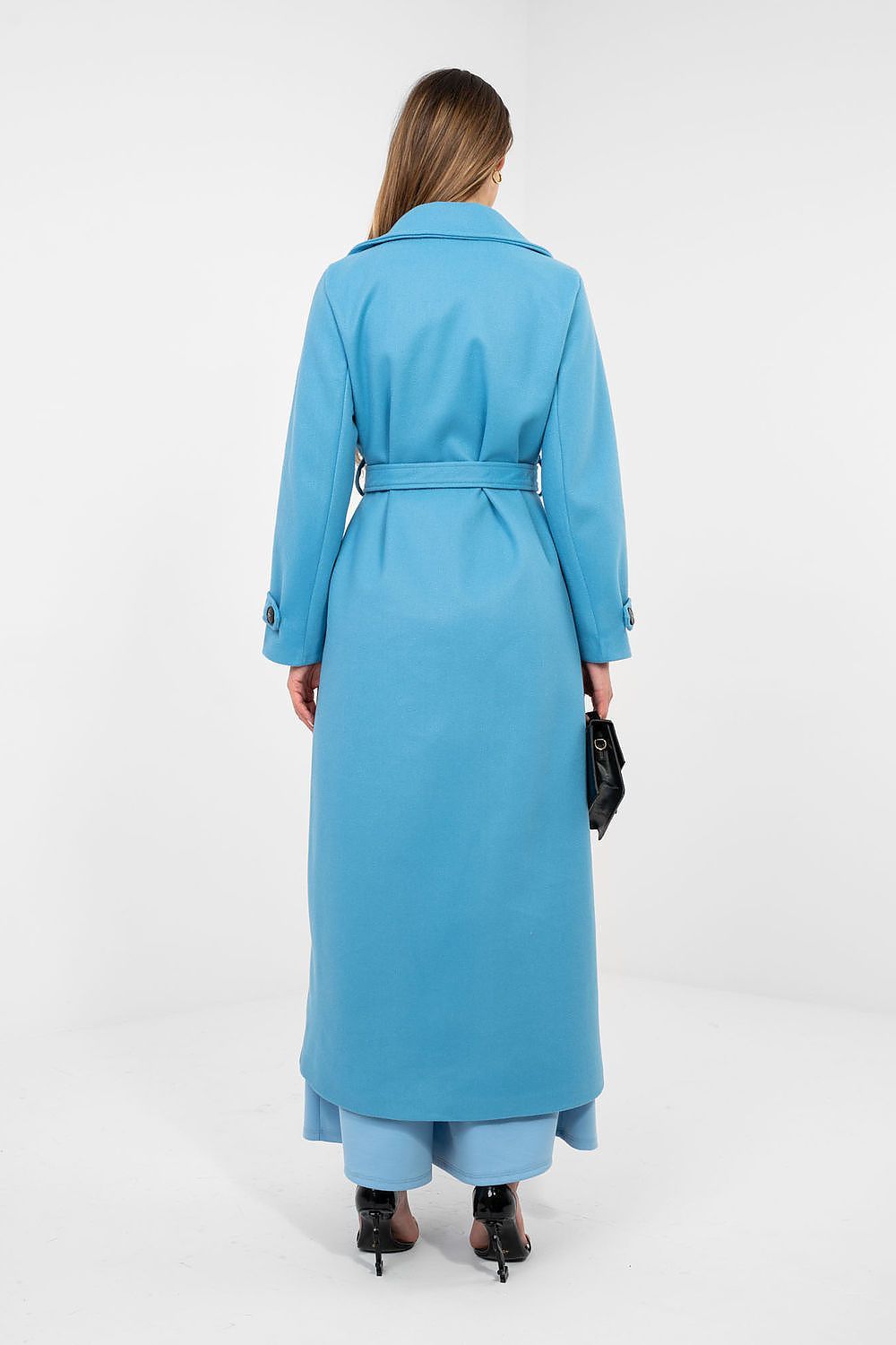 image-Women's Long Double-Breasted Coat with Tie Belt - One Size