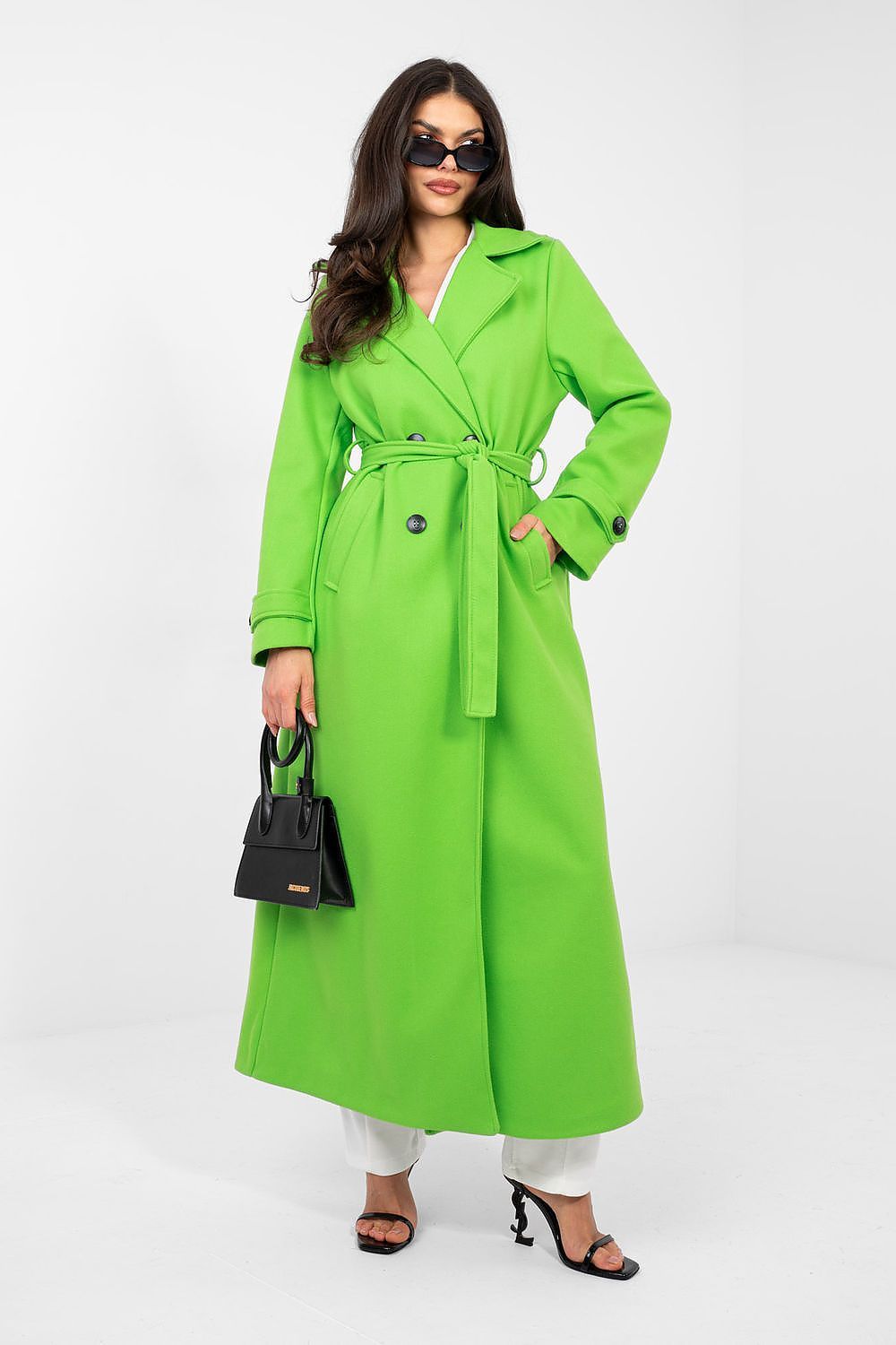 image-Women's Long Double-Breasted Coat with Tie Belt - One Size