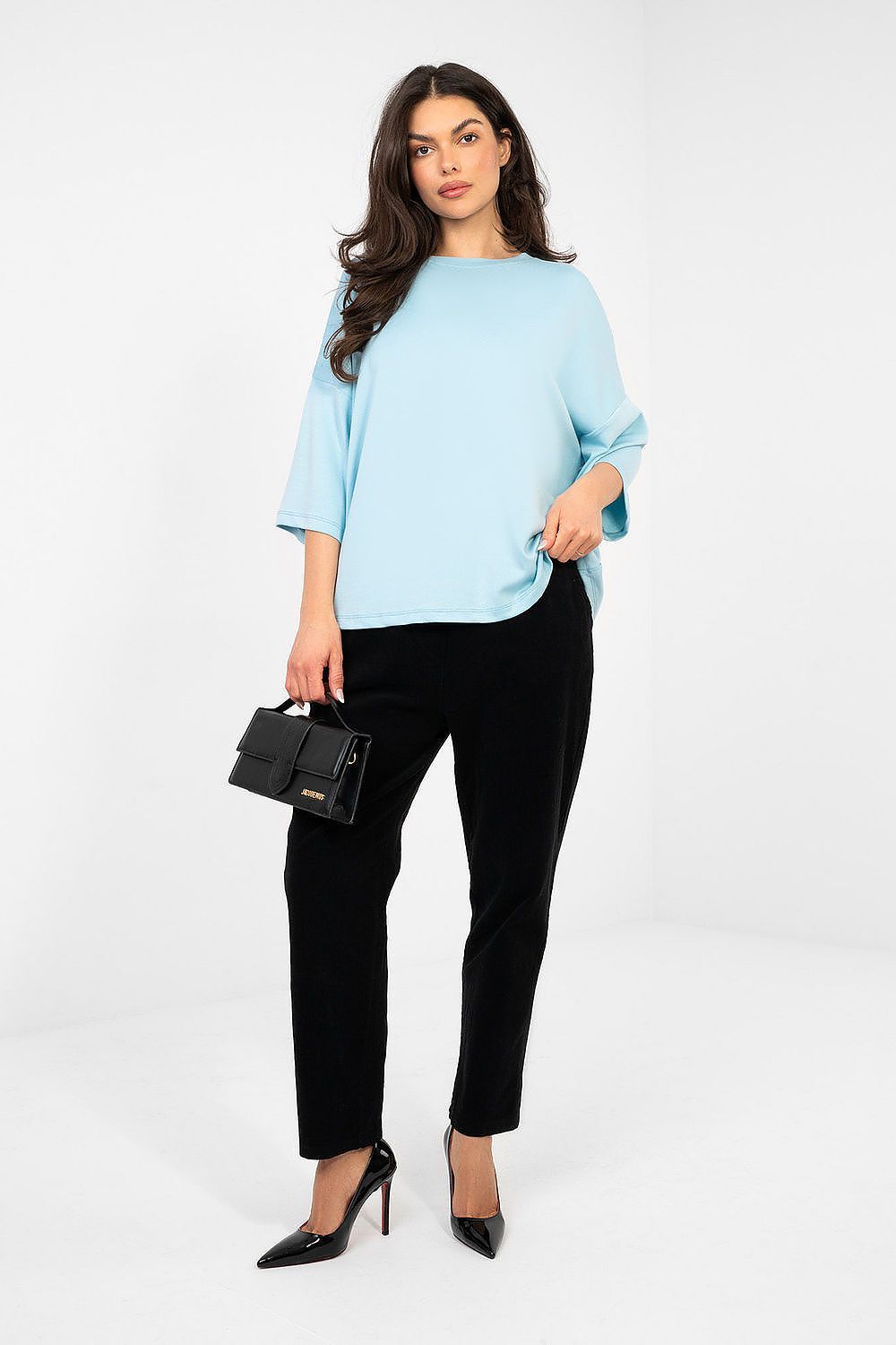 image-Rue Paris Loose Basic Viscose Blouse - Short Sleeve Round Neck
