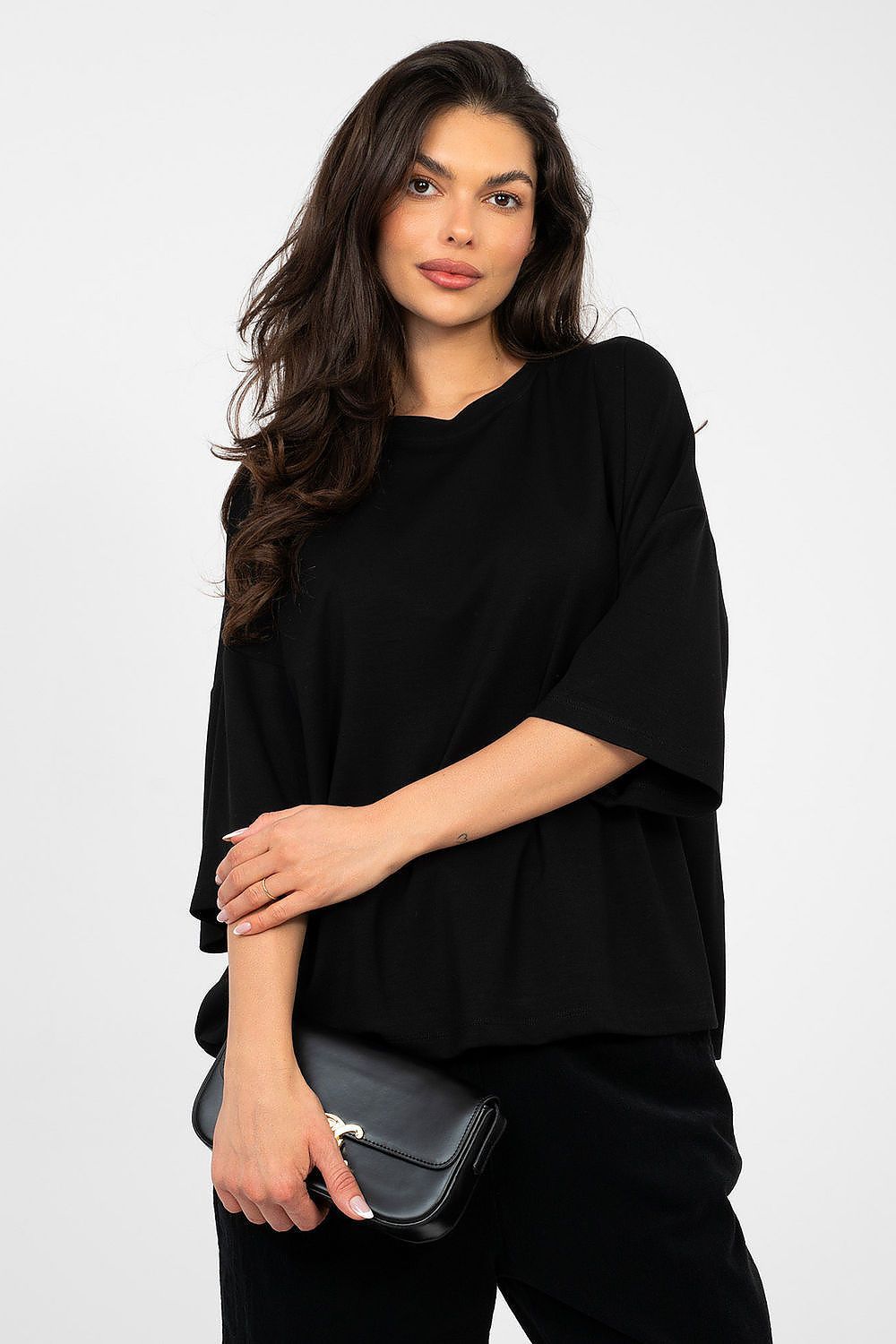image-Rue Paris Loose Basic Viscose Blouse - Short Sleeve Round Neck