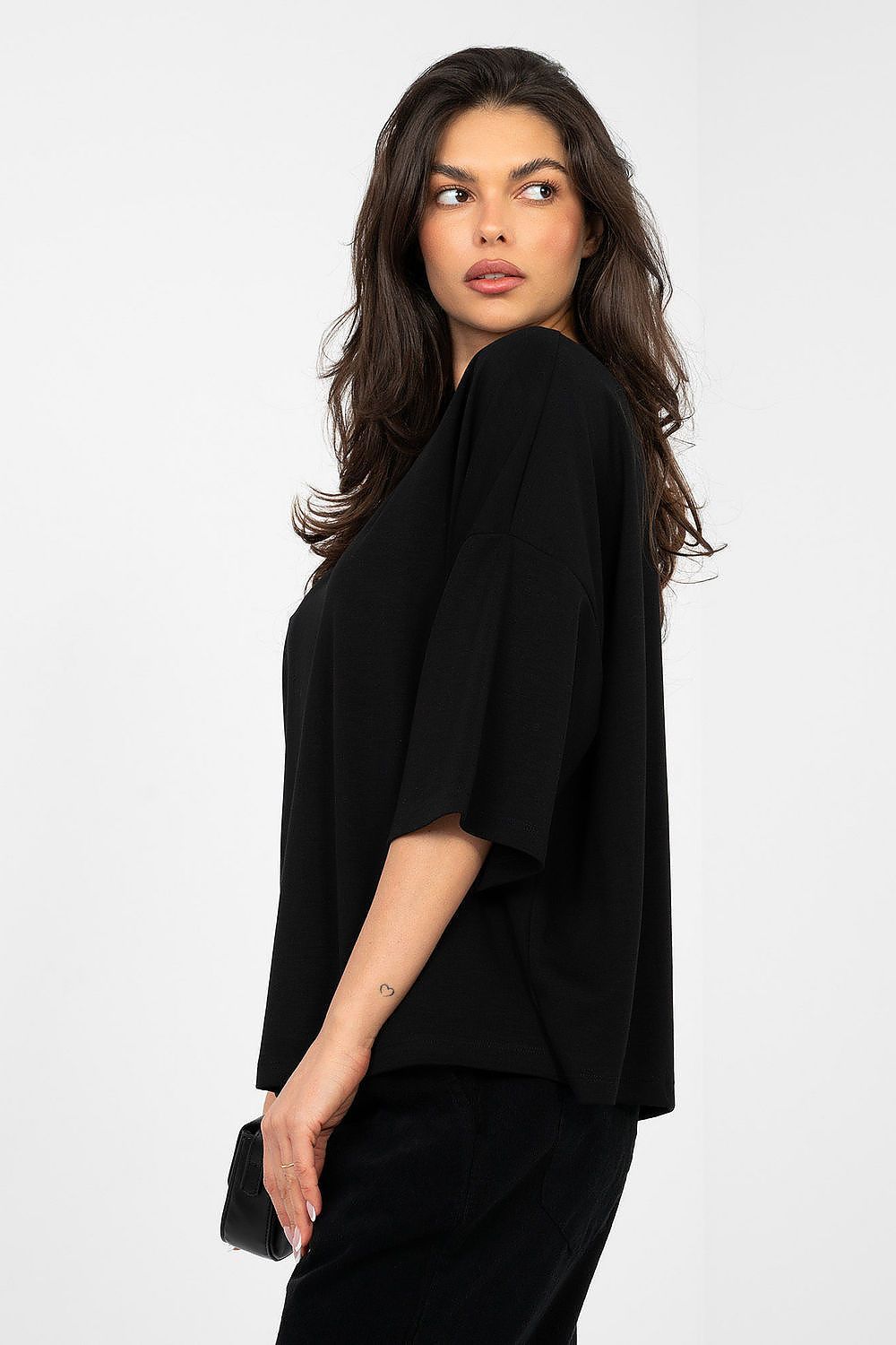 image-Rue Paris Loose Basic Viscose Blouse - Short Sleeve Round Neck