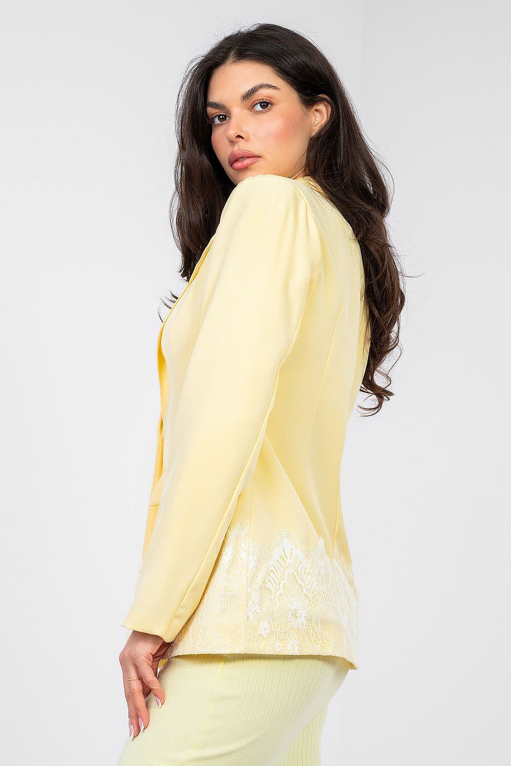 image-Women's Elegant Blazer with Lace Trim - One Size Fits All