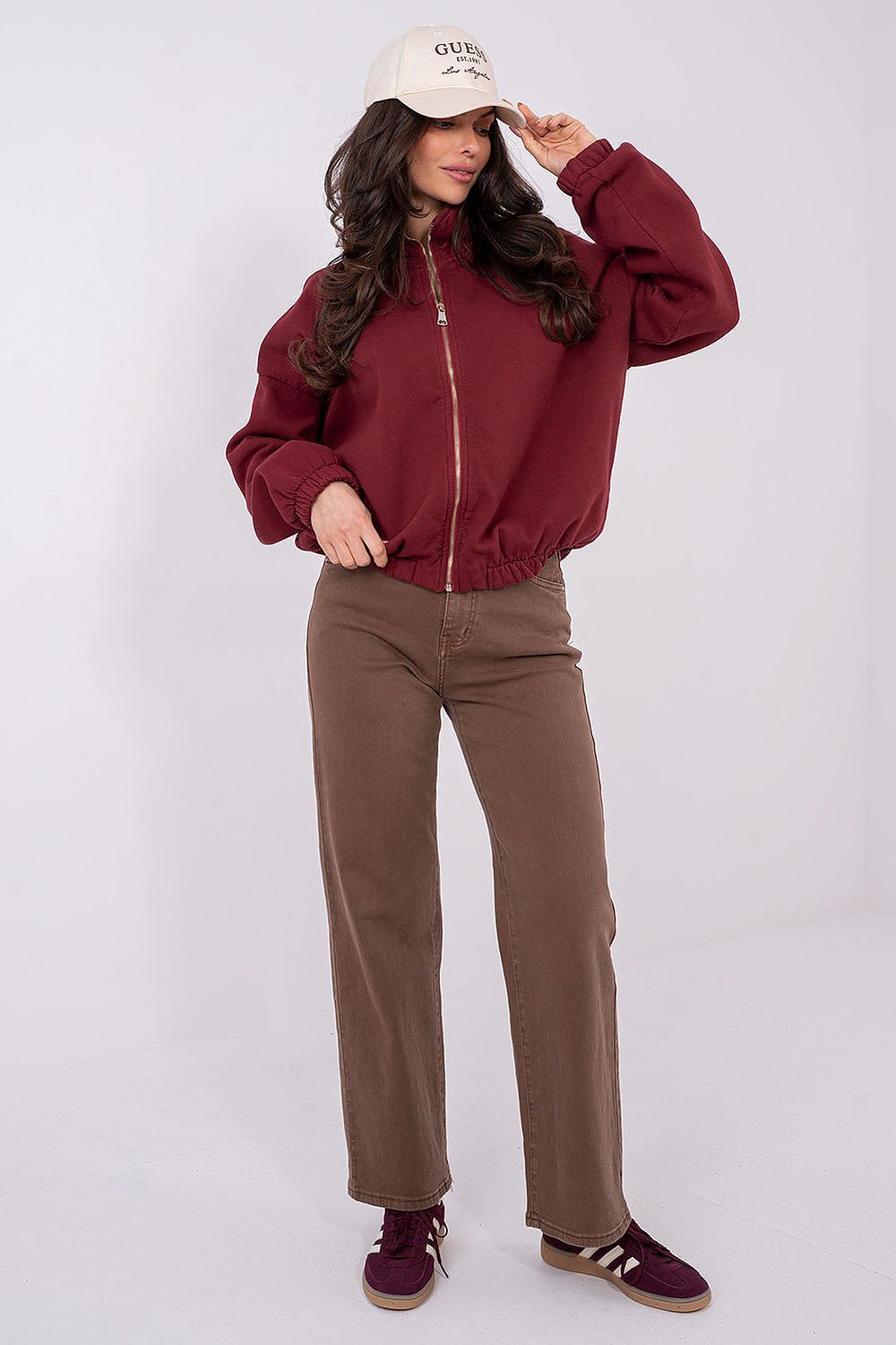 image-Women's Zip-Up Sweatshirt with Stand-Up Collar - Cotton One Size
