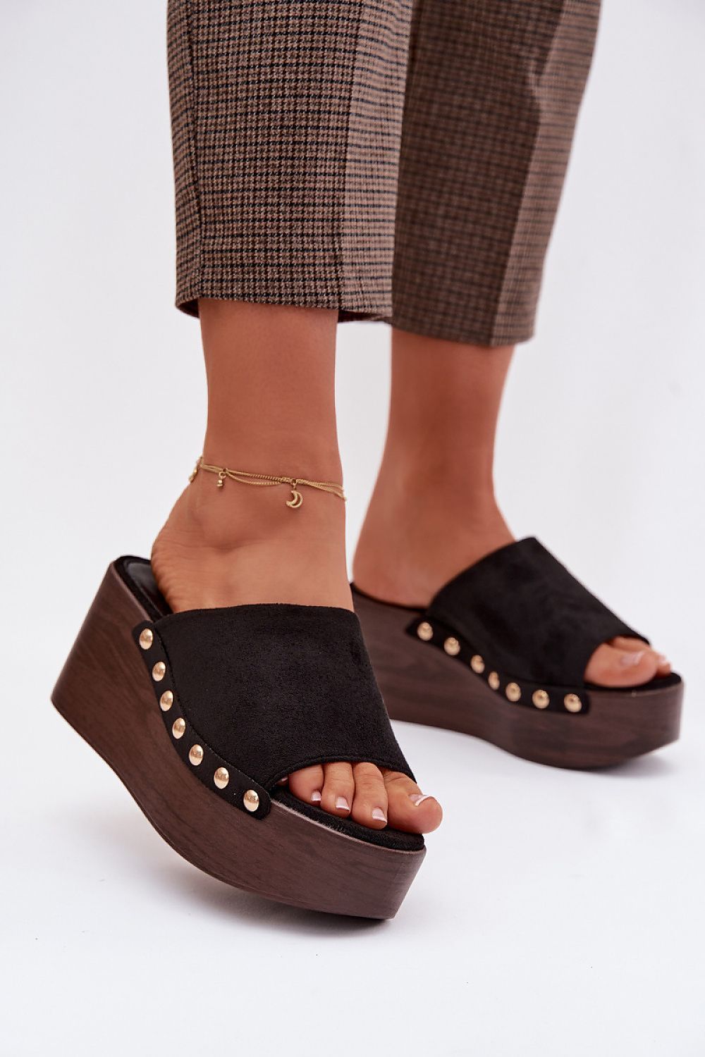 image-Buskin Women's Wedge Sandals - Eco Suede with Studs