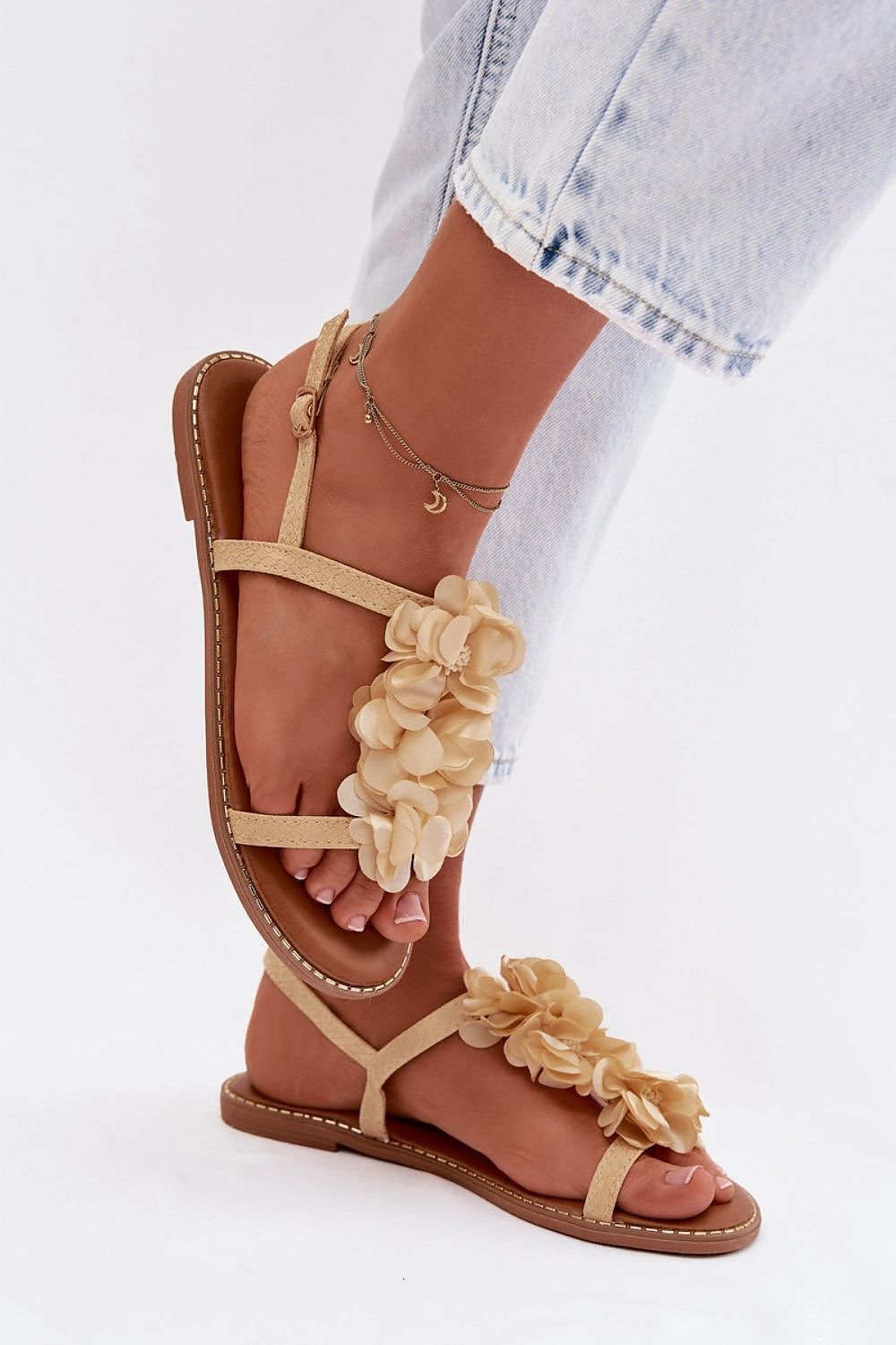 image-Women's Eco Leather Sandals with Decorative Flowers - Beige