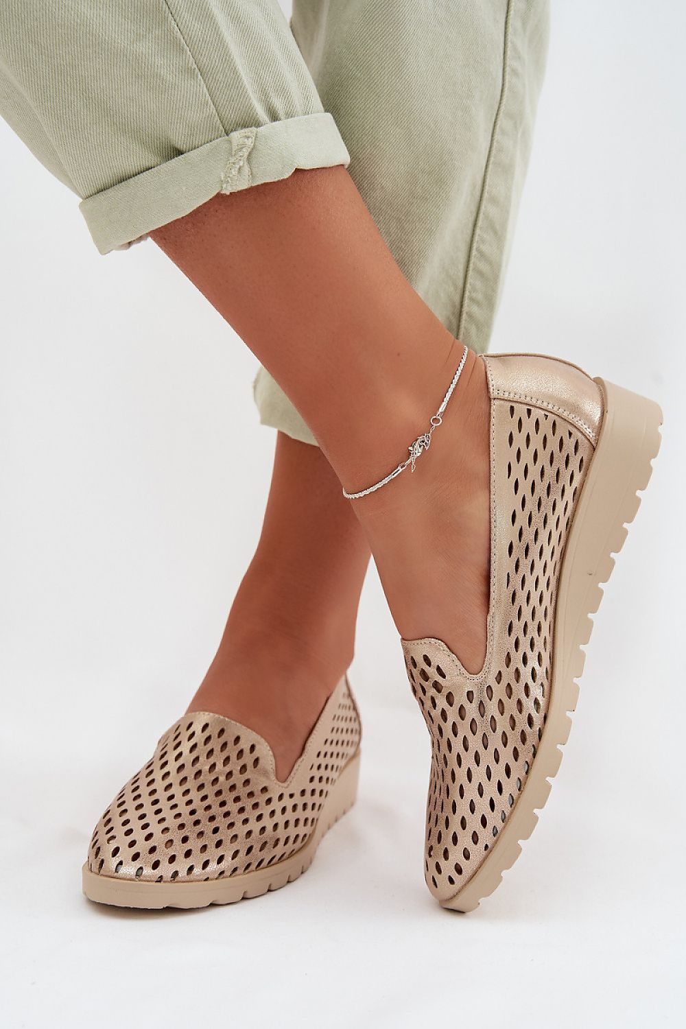 image-Jezzi Women's Perforated Eco Leather Slip-On Wedge Shoes