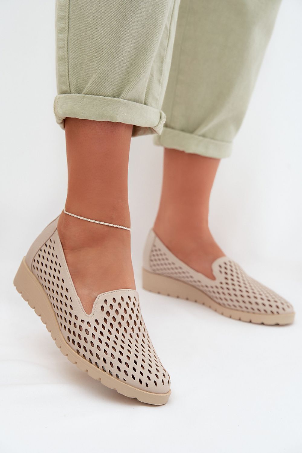 image-Jezzi Women's Perforated Eco Leather Slip-On Wedge Shoes