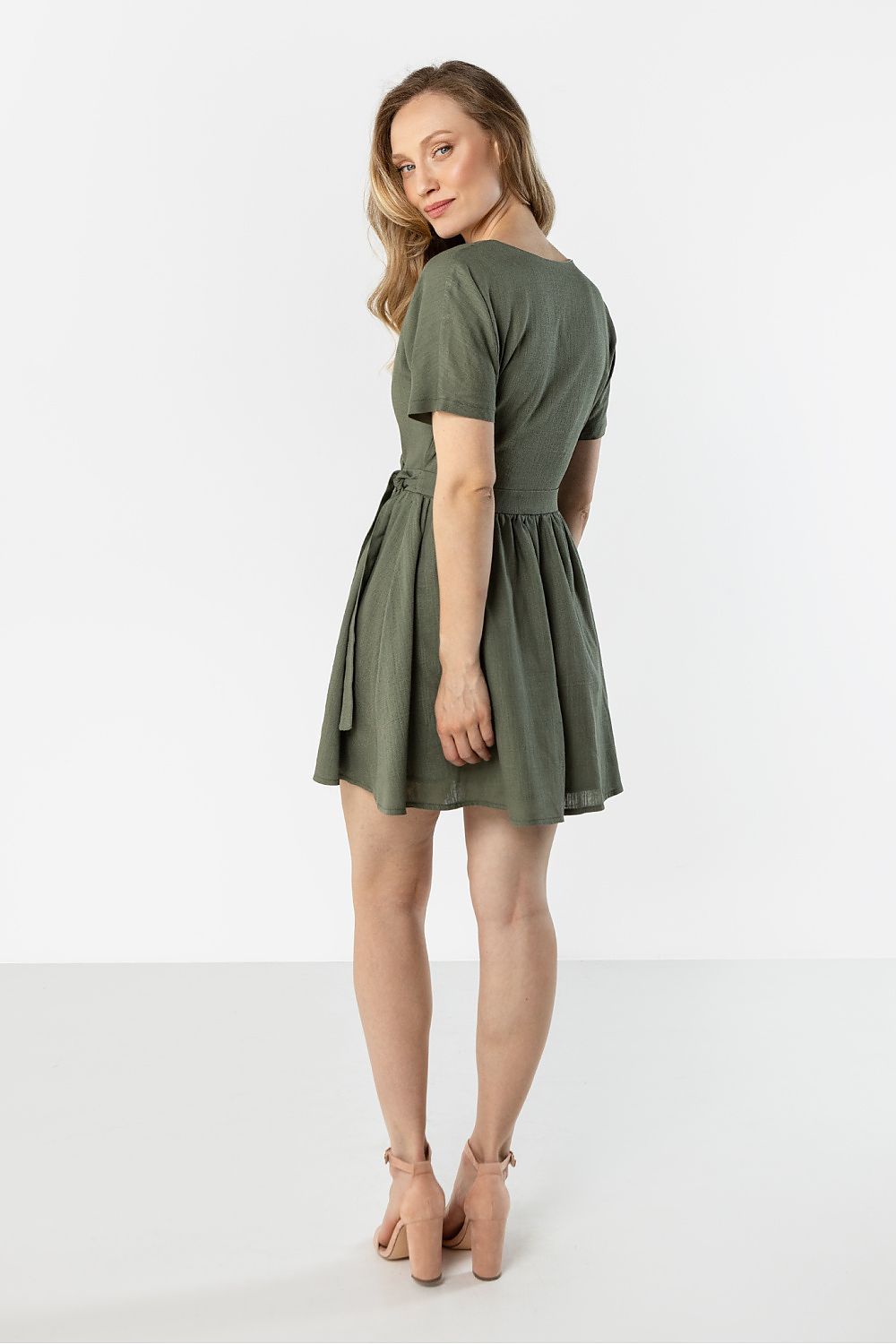 image-Awama Linen Wrap Mini Day Dress - Flared V-Neck Style