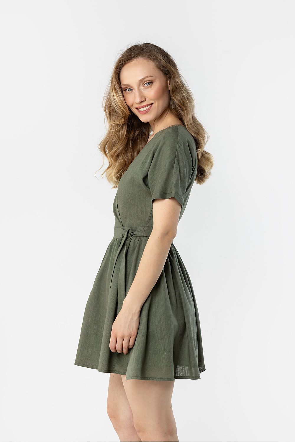 image-Awama Linen Wrap Mini Day Dress - Flared V-Neck Style