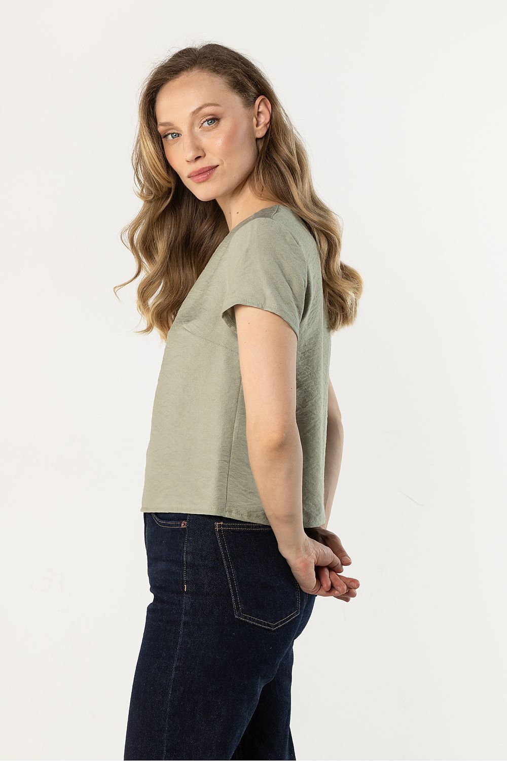 image-Awama Loose Short Sleeve Blouse - Satin Finish Lightweight