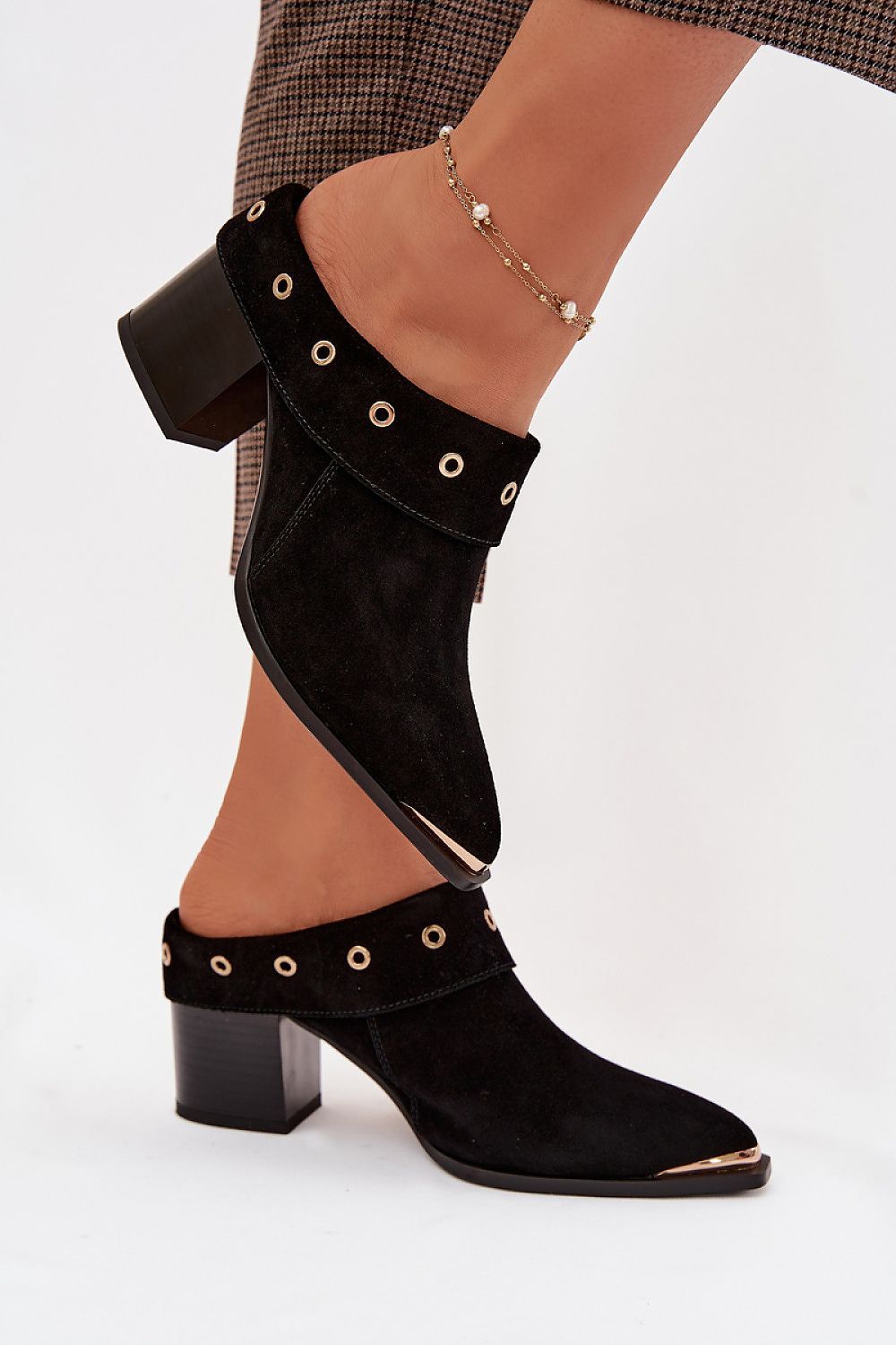 image-Women's Leather Heeled Sandals - Square Toe 6cm Column Heel