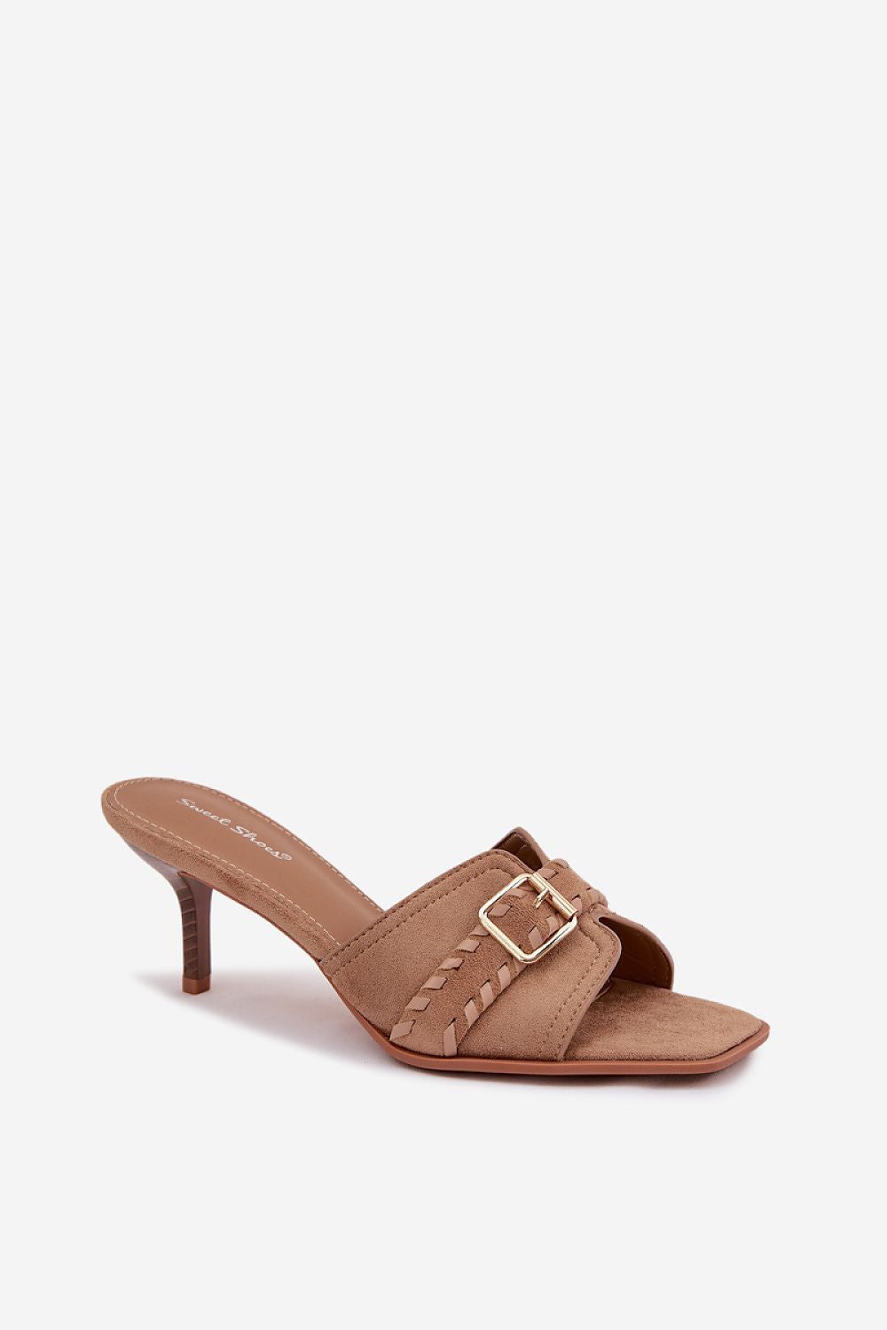 image-Women's Eco-Suede Heeled Sandals with Gold Buckle - 6.5cm Heel
