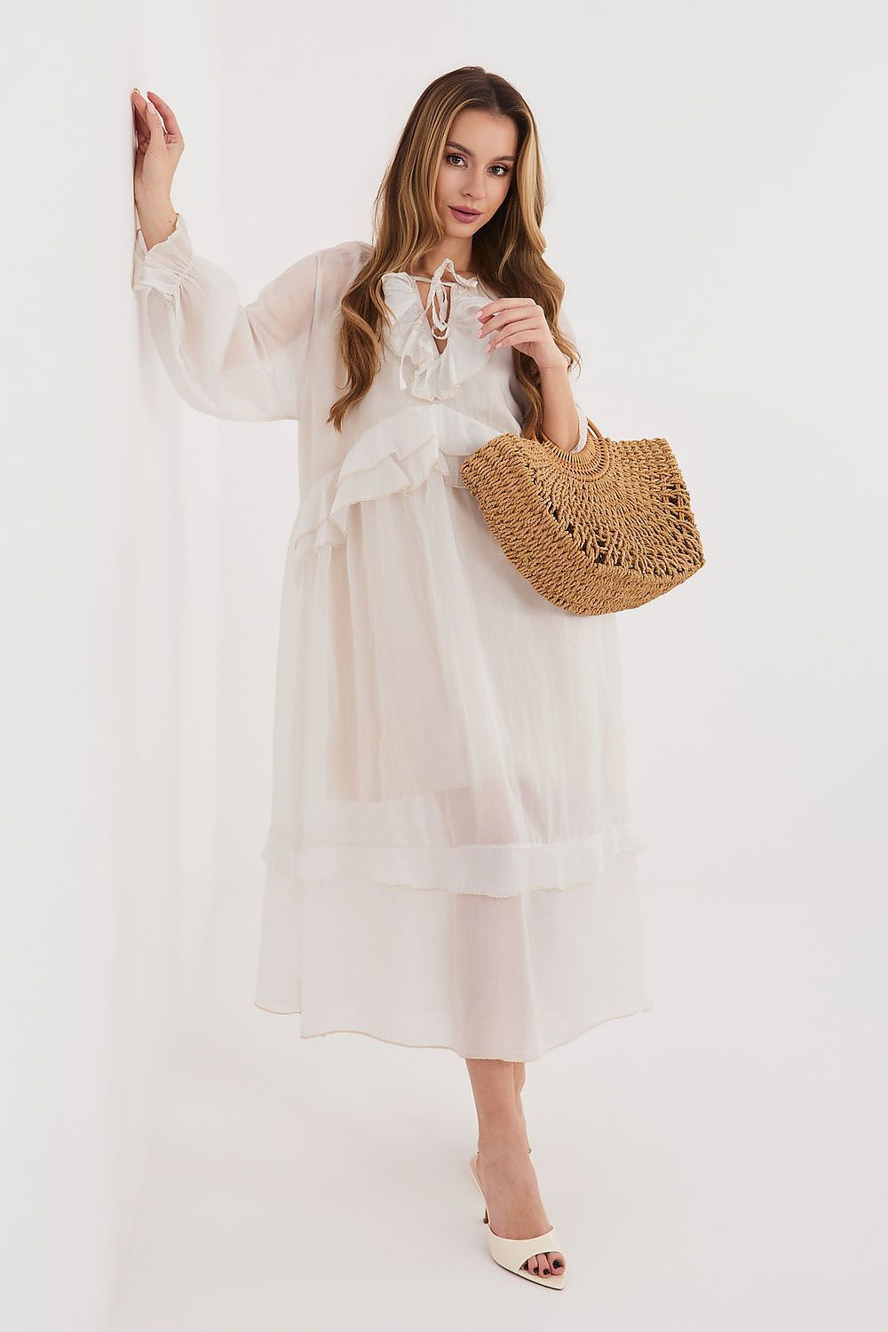 image-Italy Moda Boho Midi Day Dress - Puffy Sleeve Viscose Summer Dress