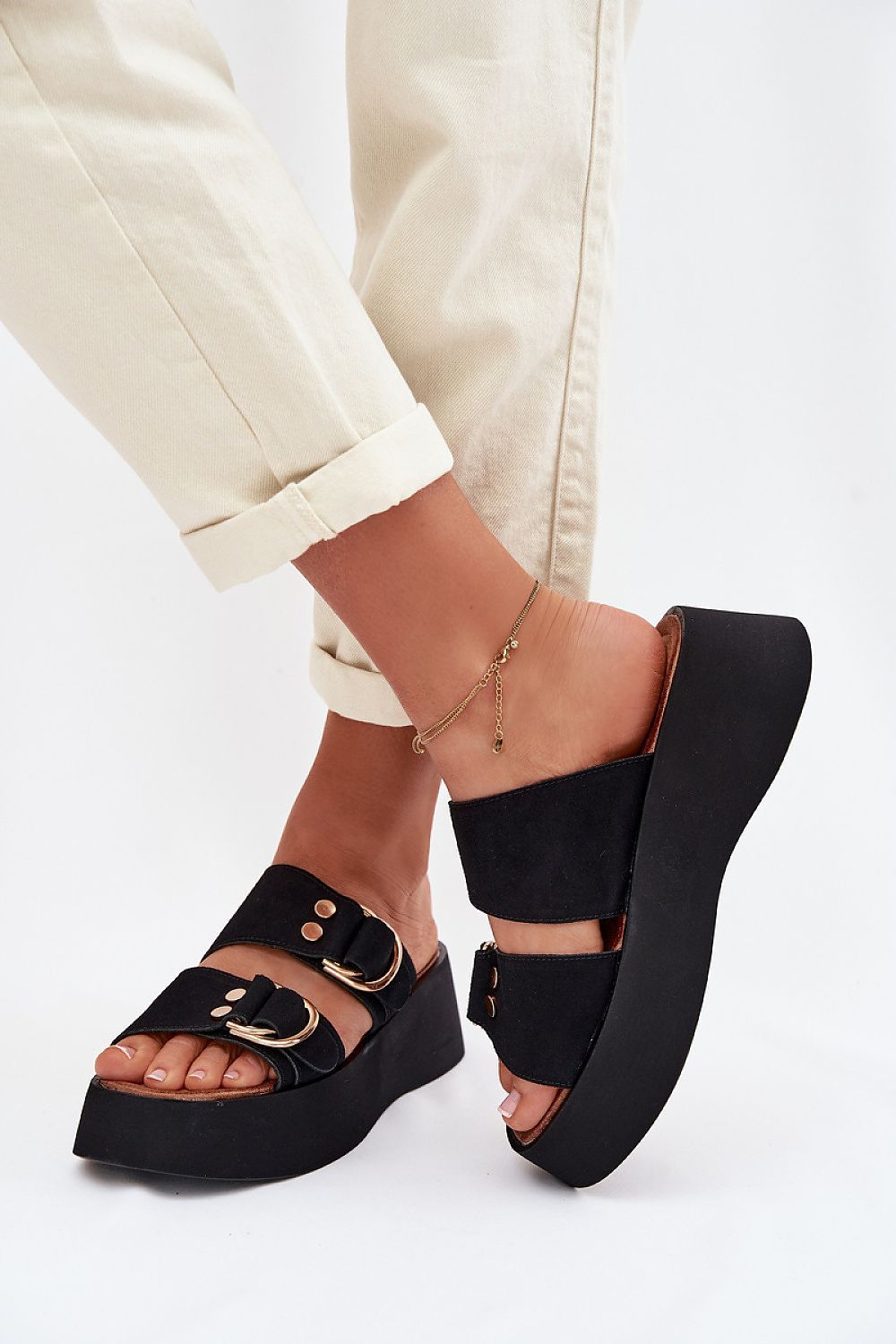 image-Women's Eco-Suede Platform Sandals with Decorative Buckles