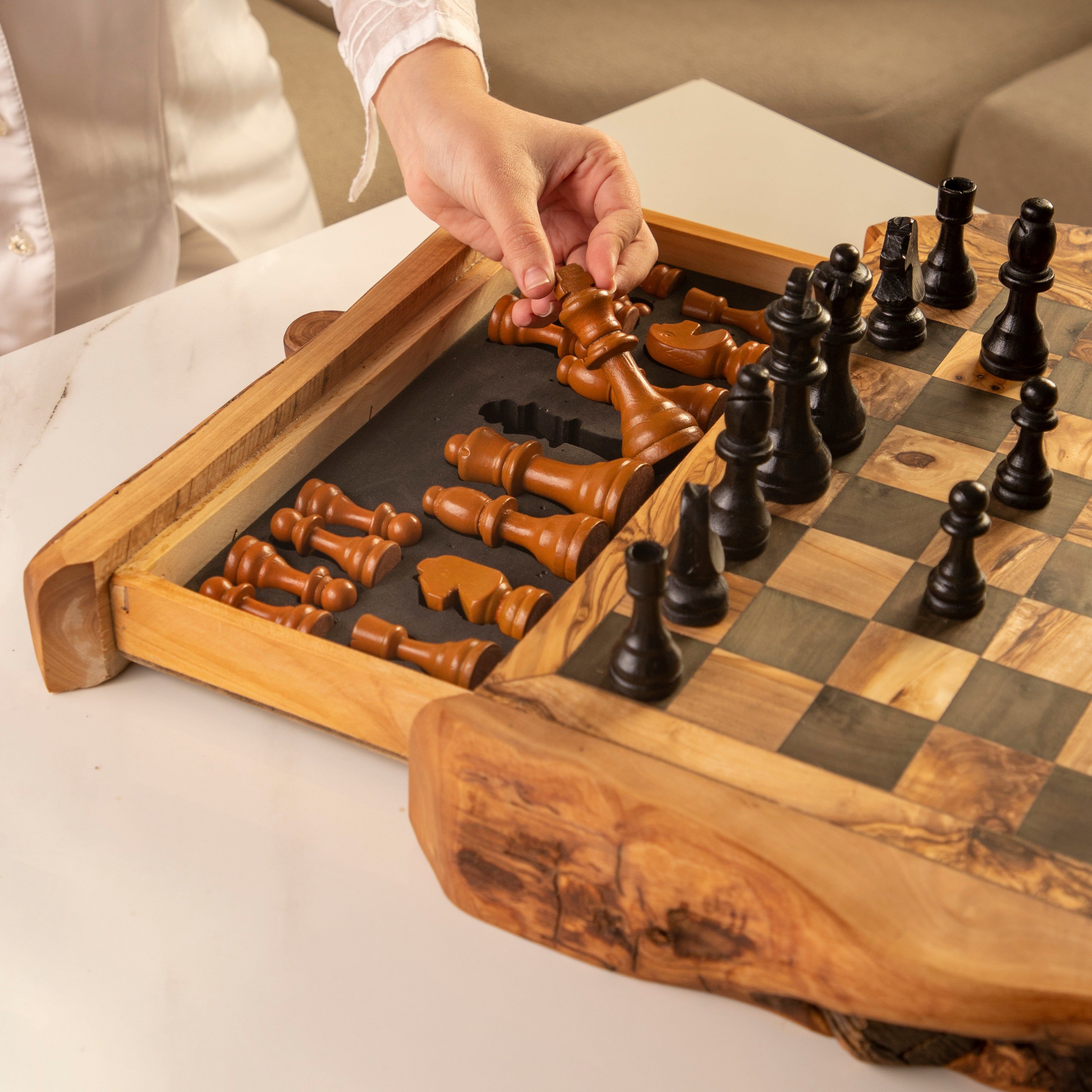 image-Handmade Olive Wood Chess Set with Rustic Storage Drawer