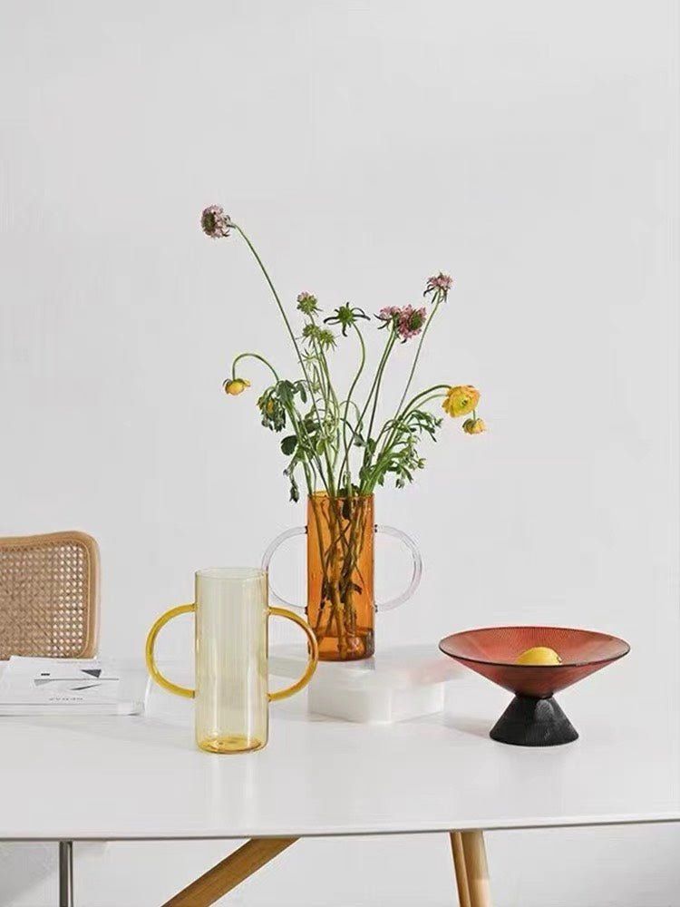 image-Dual-handle Dopamine Glass Flower Vase - Handblown Cylinder 