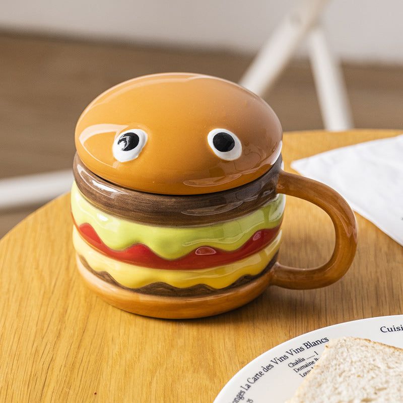 image-Creative Ceramic Hamburger Water Cup 300mL Cute With Lid 