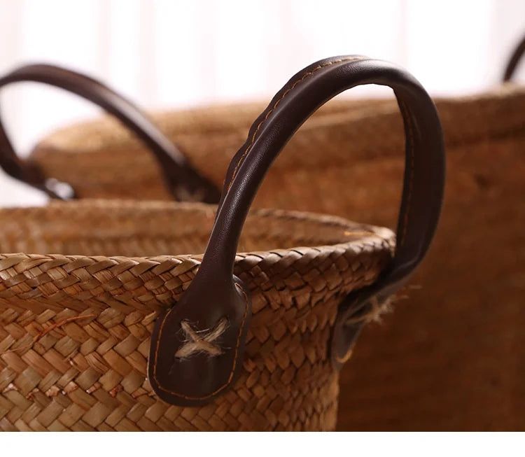 image-Nneoba Foldable Seagrass Wicker Basket with Leather Handle - 36cm