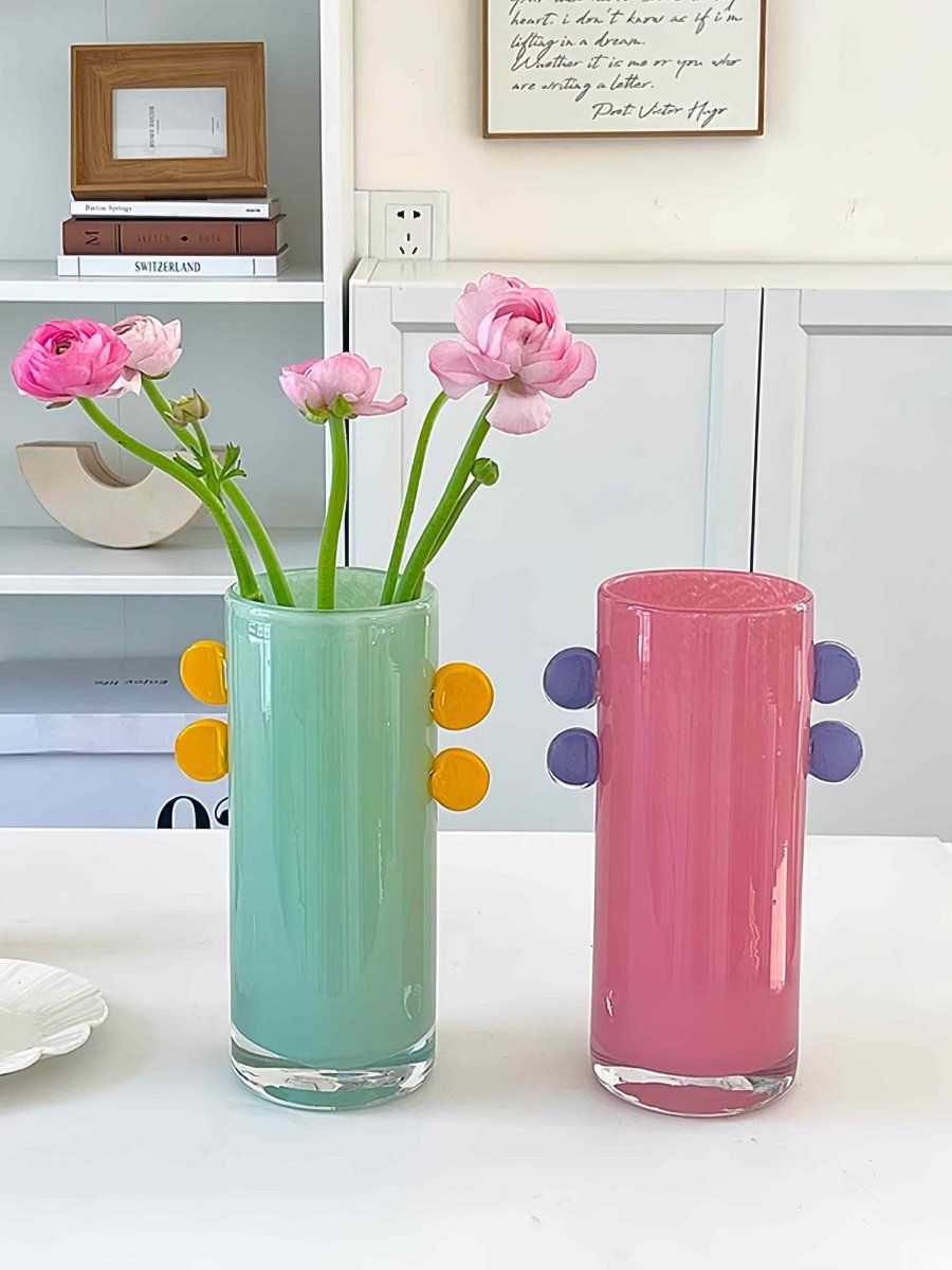 image-Handblown Whimsical Cylinder Vase - Colorful Glass Centerpiece