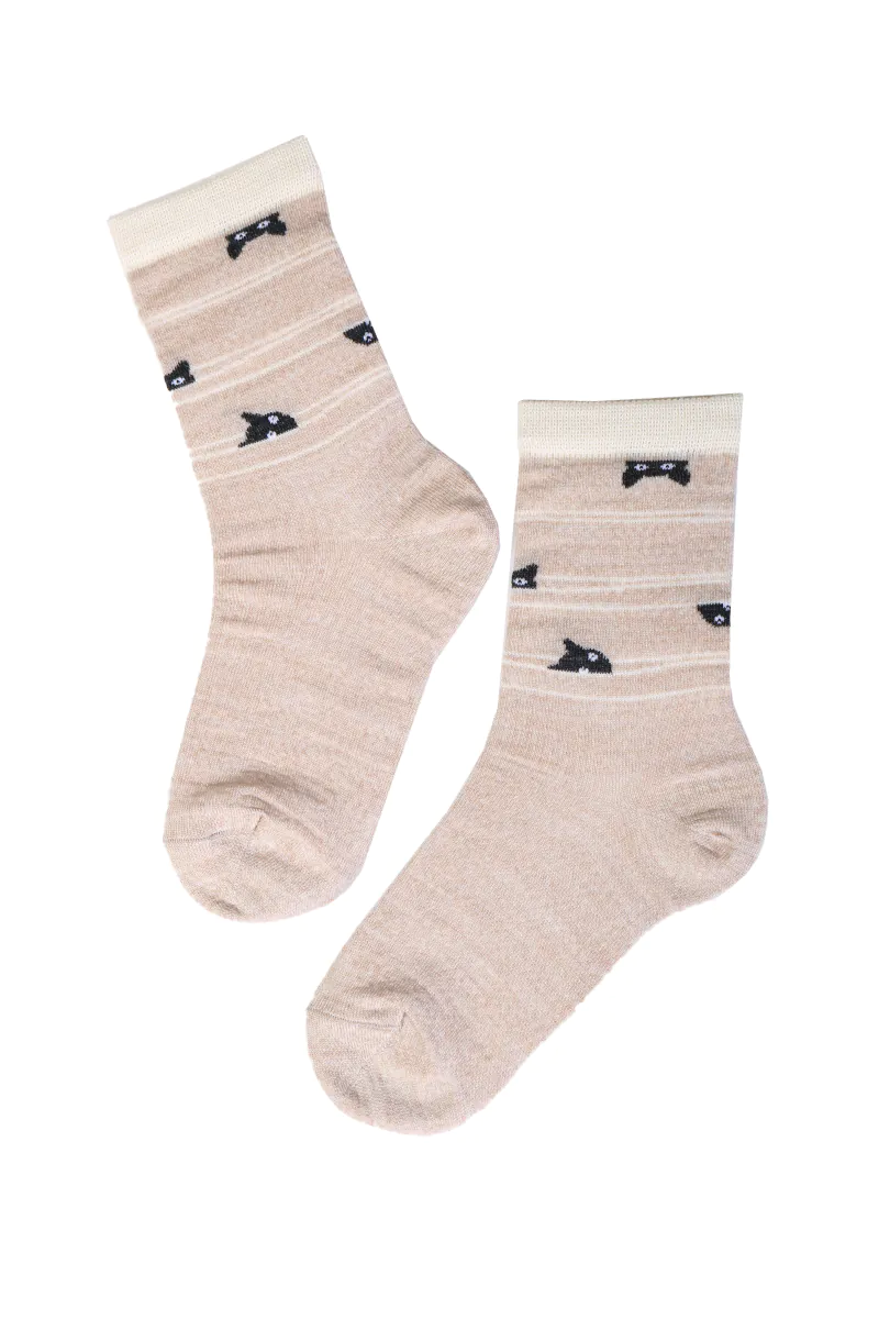 image-Hidden Cat Kids Merino Wool Socks - Beige 80% Wool