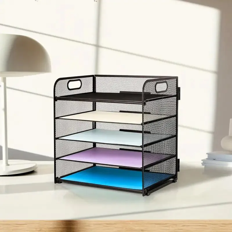 image-Black Mesh Desktop File Organizer - 5-Tier Sliding Tray Organizer