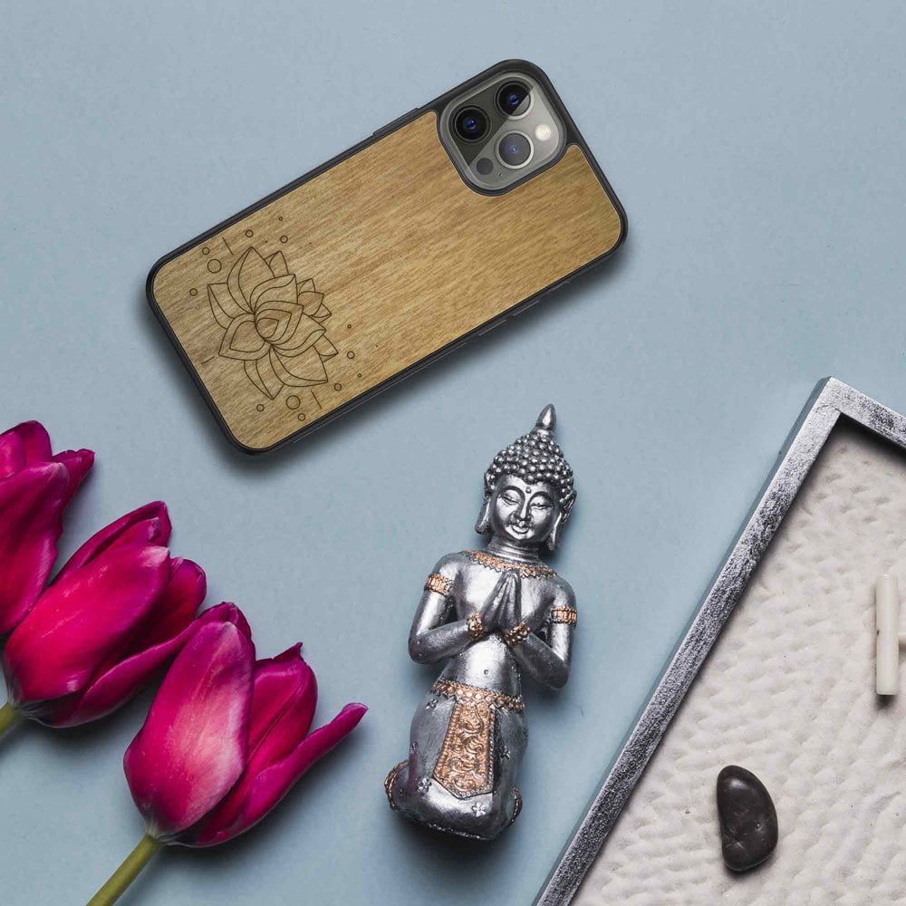 image-Lotus Flower Engraved Wooden Phone Case - Tanganika Wood 