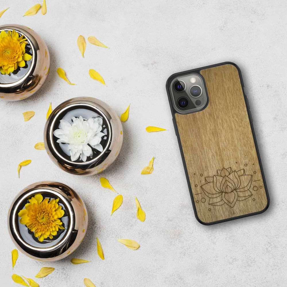 image-Lotus Flower Engraved Wooden Phone Case - Tanganika Wood 