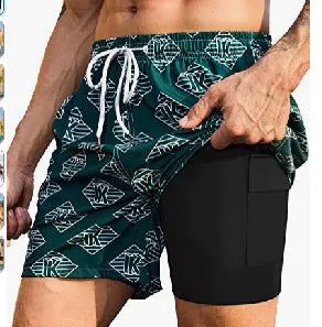 image-Men's 3D Print Swim Trunks - 2 Pack Quick Dry Stretch Shorts with Compression