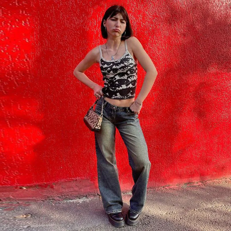 image-Y2K Printed Vest Strap Slim Top - Black