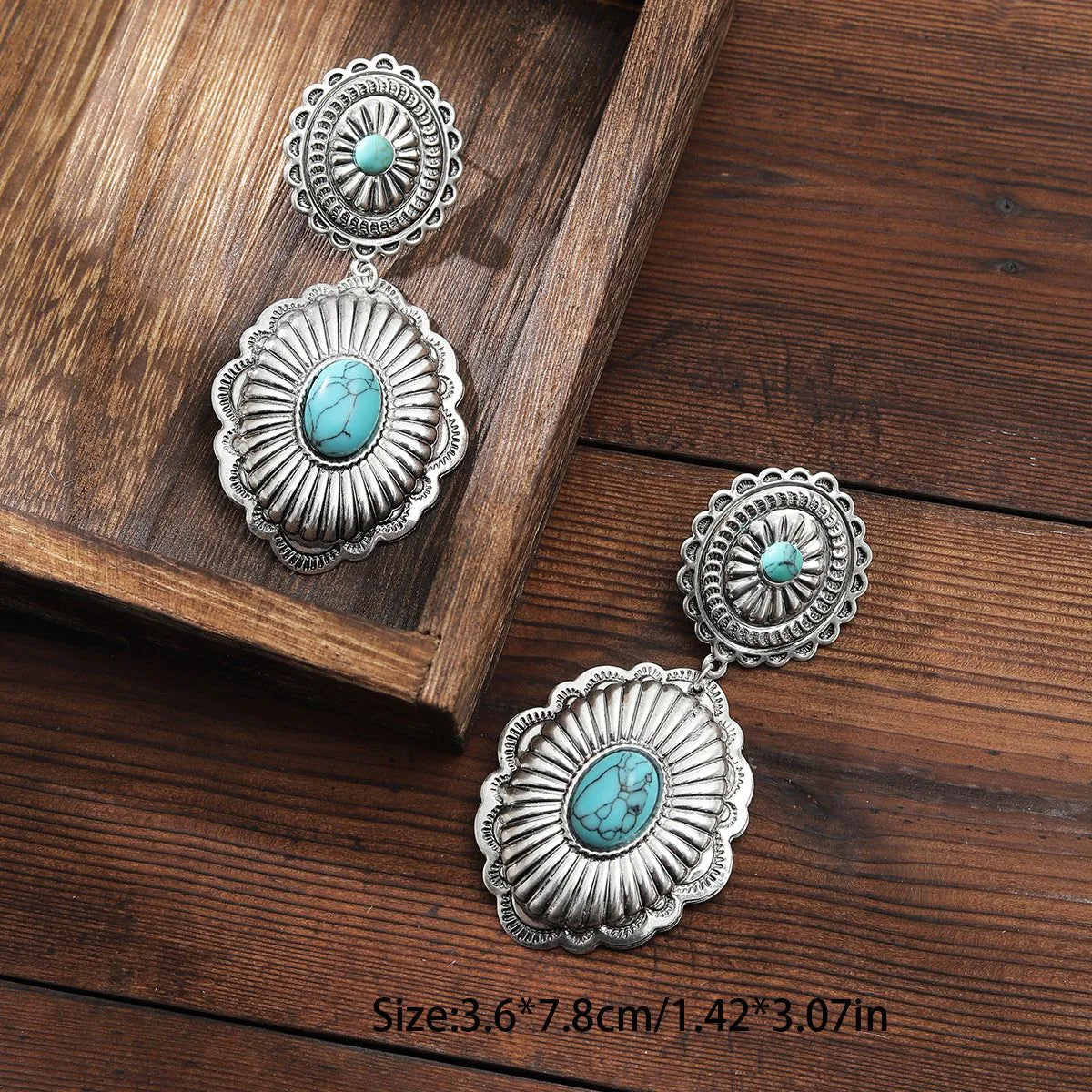 image-Retro Gothic Turquoise Flower Earrings